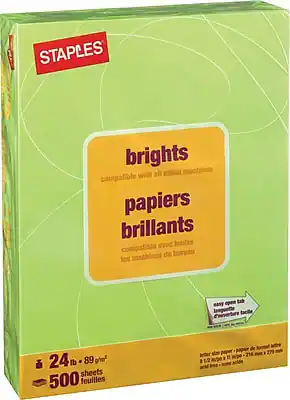 STAPLES
brights
compatible with all office machines
papiers brillants
compatibles avec toutes les machines de bureau
24 lb - 89 g/m²
500 sheets - 500 feuilles
easy open tab
langue facile
ouverture facile
better size paper - papier de format lettrine
8 1/2 x 11 inches - 216 mm x 279 mm
acid free - sans acide