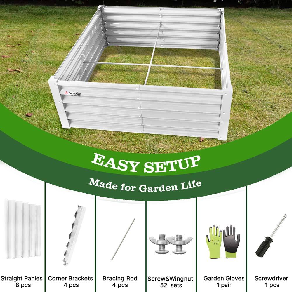 Aneolife EASY SETUP Made for Garden Life  
Straight Panels 8 pcs  
Corner Brackets 4 pcs  
Bracing Rod 4 pcs  
Screw&Wingnut 52 sets  
Garden Gloves 1 pair  
Screwdriver 1 pcs