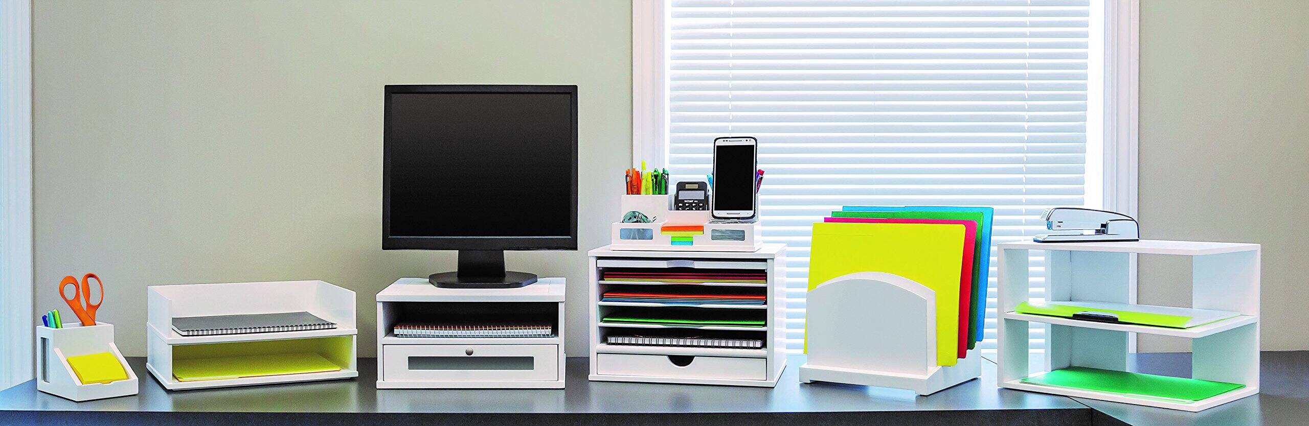 Alt View 7. Victor - Wood Monitor Riser W1175, Drawer, Open Shelf, Cable Management, Faux Leather Top, 13 x 13 x 6.5 in - Pure White.