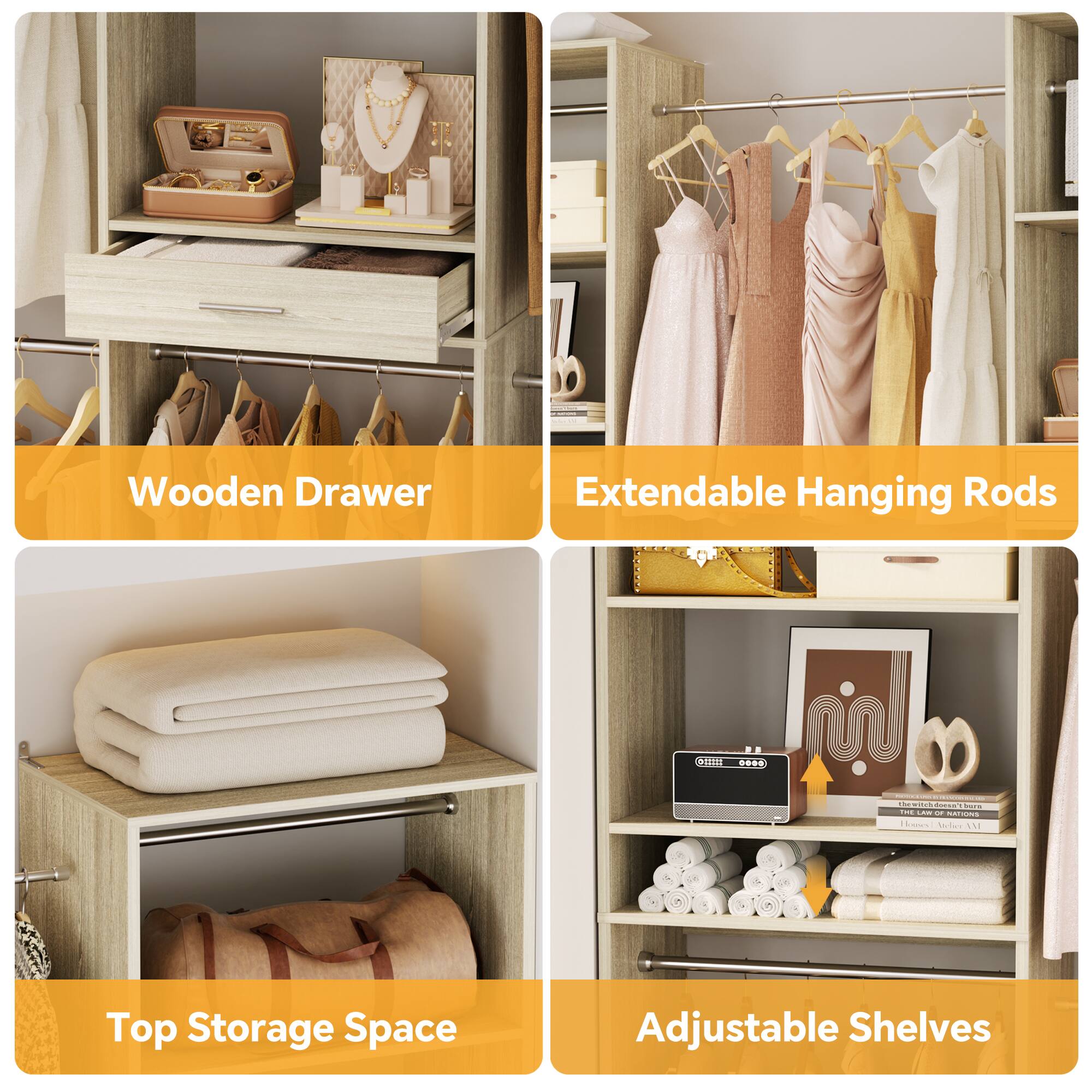 P JE Wooden Drawer Extendable Hanging Rods N | F TiA ... m -- - - - Mddo M Top Storage Space Adjustable Shelves