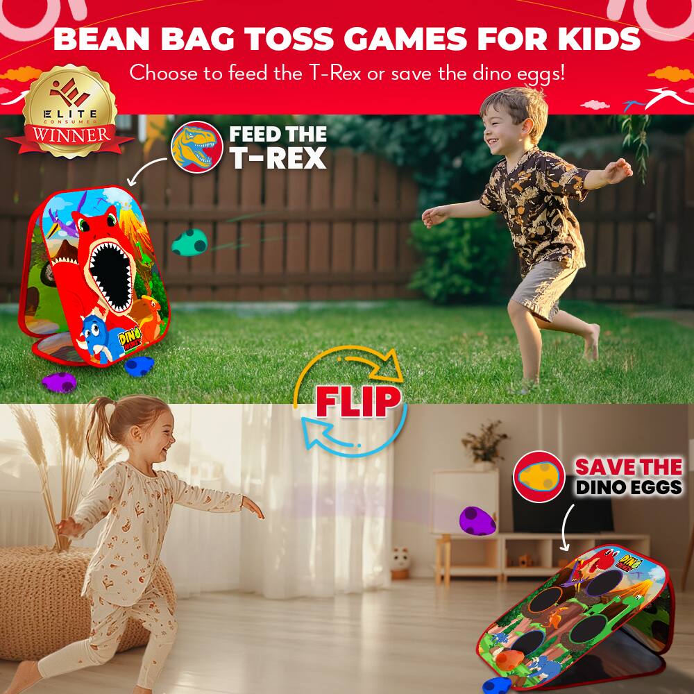 BEAN BAG TOSS GAMES FOR KIDS

Choose to feed the T-Rex or save the dino eggs!

ELITE CONSUMER WINNER

FEED THE T-REX

FLIP

SAVE THE DINO EGGS