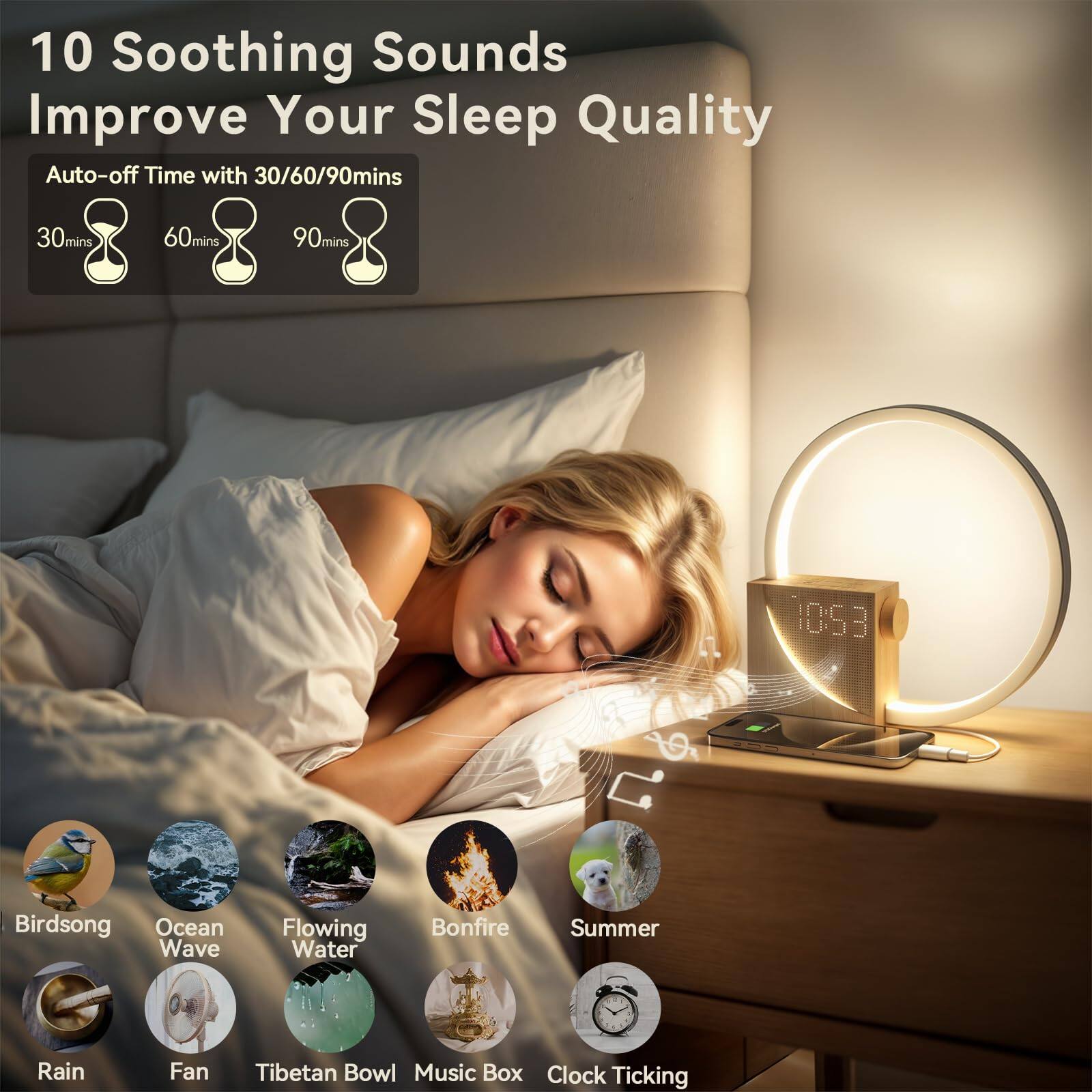 10 Soothing Sounds Improve Your Sleep Quality

Auto-off Time with 30/60/90mins

30mins 60mins 90mins

Birdsong Ocean Wave Flowing Water Bonfire Summer Rain Fan Tibetan Bowl Music Box Clock Ticking