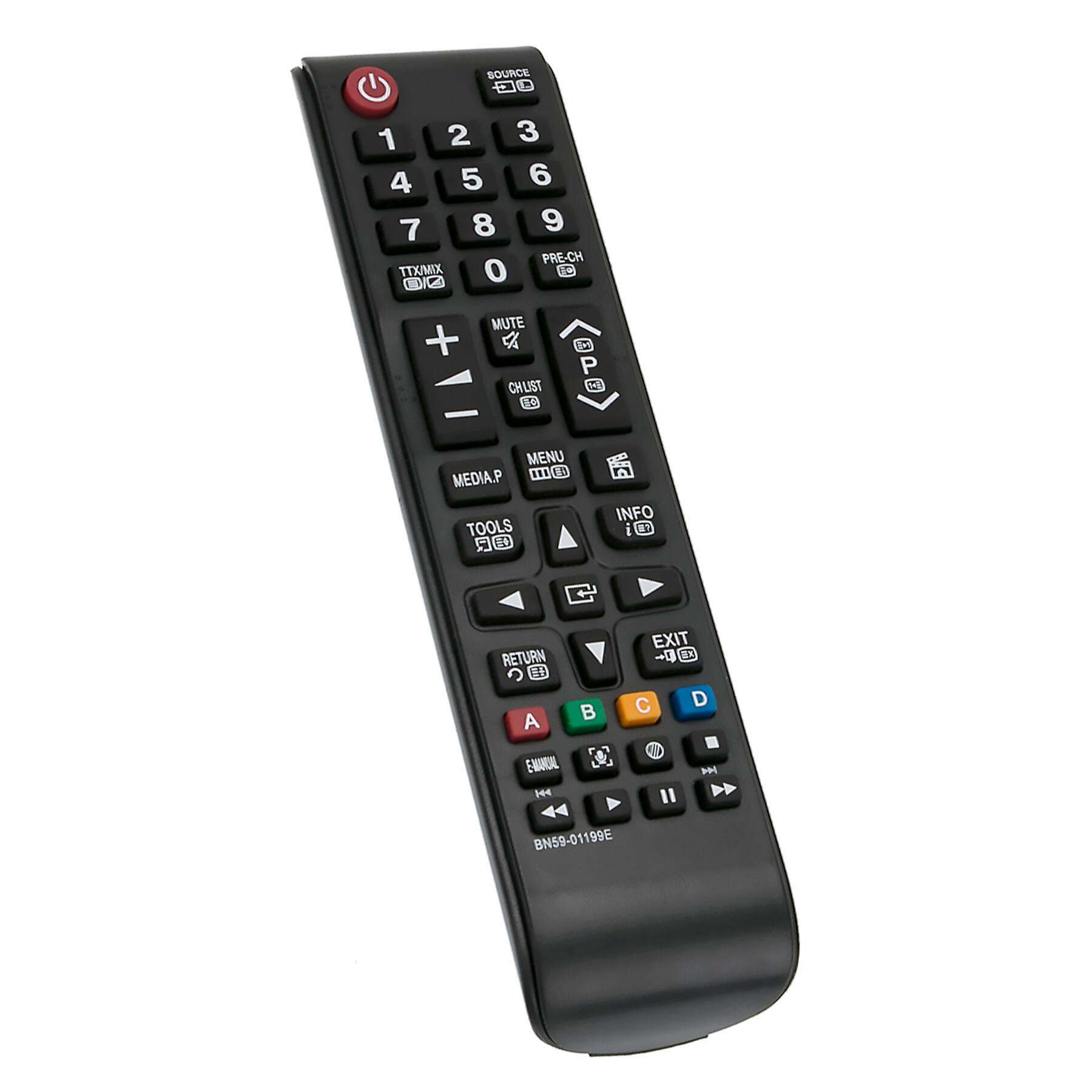 SOURCE  
1 2 3 4 5 6 7 8 9  
PRE-CH  
TTX/MIX  
MUTE  
CHLST  
MENU  
MEDIA.P  
TOOLS  
INFO  
RETURN  
EXIT  
A B C D  
BN59-01199E