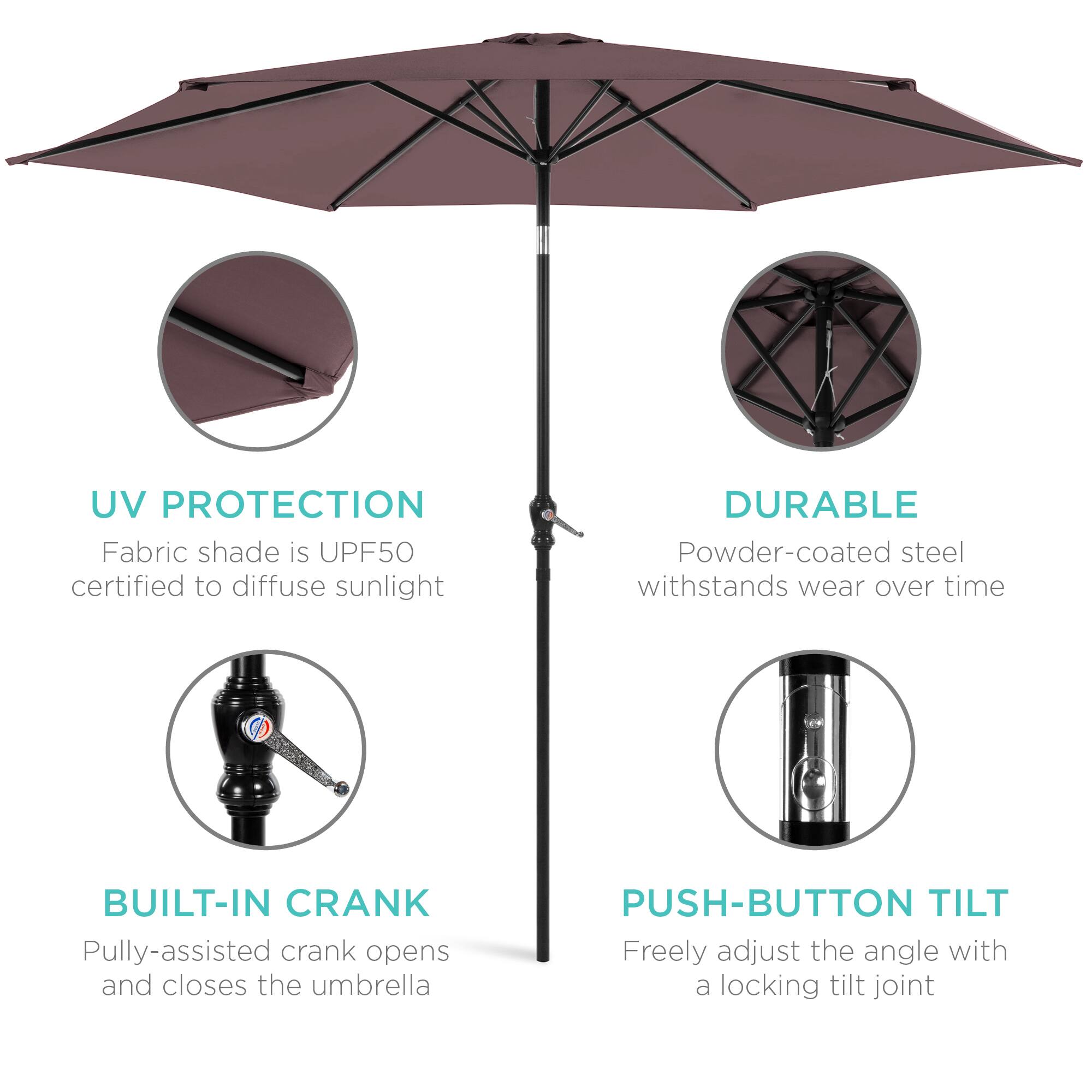 - **UV PROTECTION**  
  Fabric shade is UPF50 certified to diffuse sunlight

- **DURABLE**  
  Powder-coated steel withstands wear over time

- **BUILT-IN CRANK**  
  Pulley-assisted crank opens and closes the umbrella

- **PUSH-BUTTON TILT**  
  Freely adjust the angle with a locking tilt joint