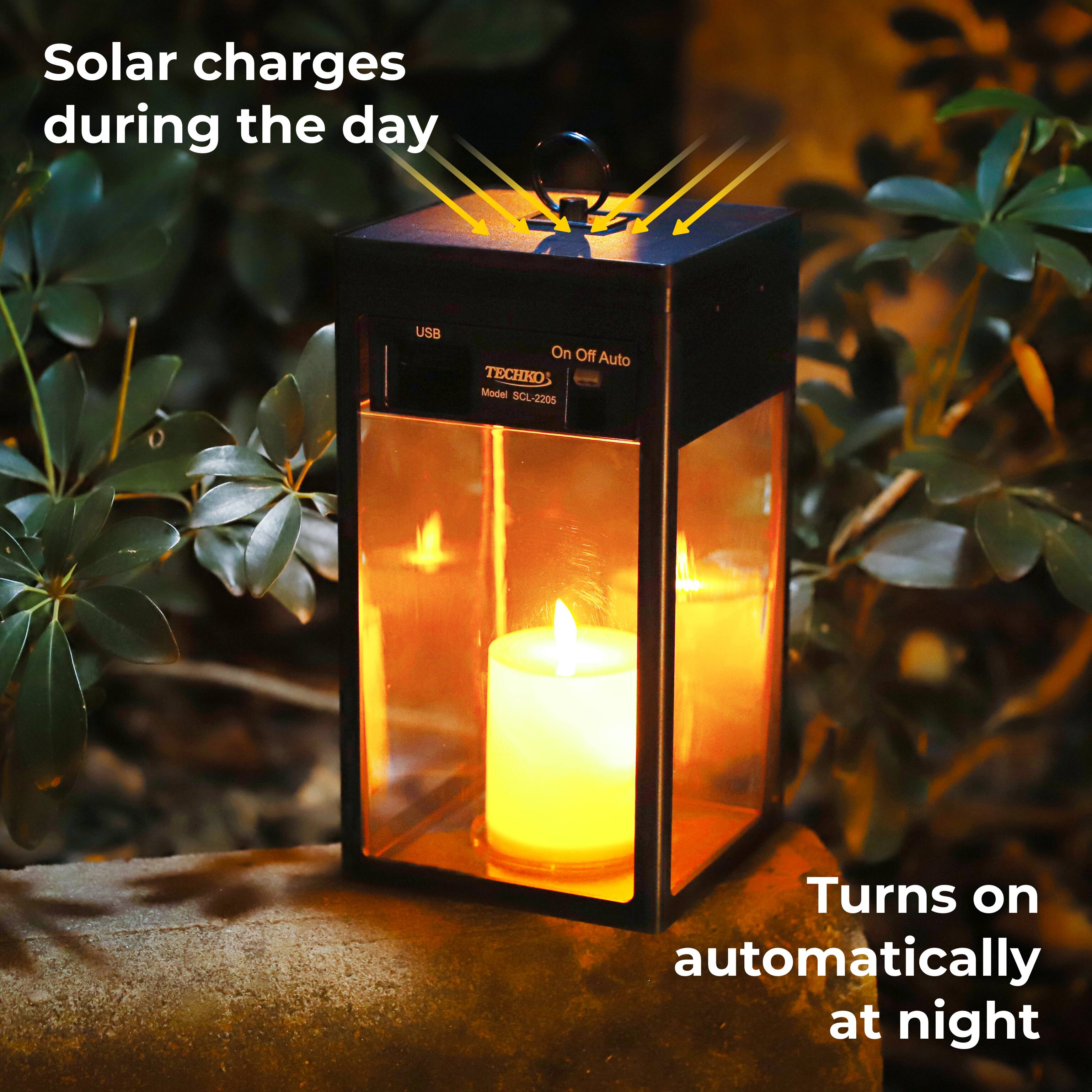 Solar charges during the day, Turns on automatically at night, USB On Off Auto, TCHNOS Model SCL-2205