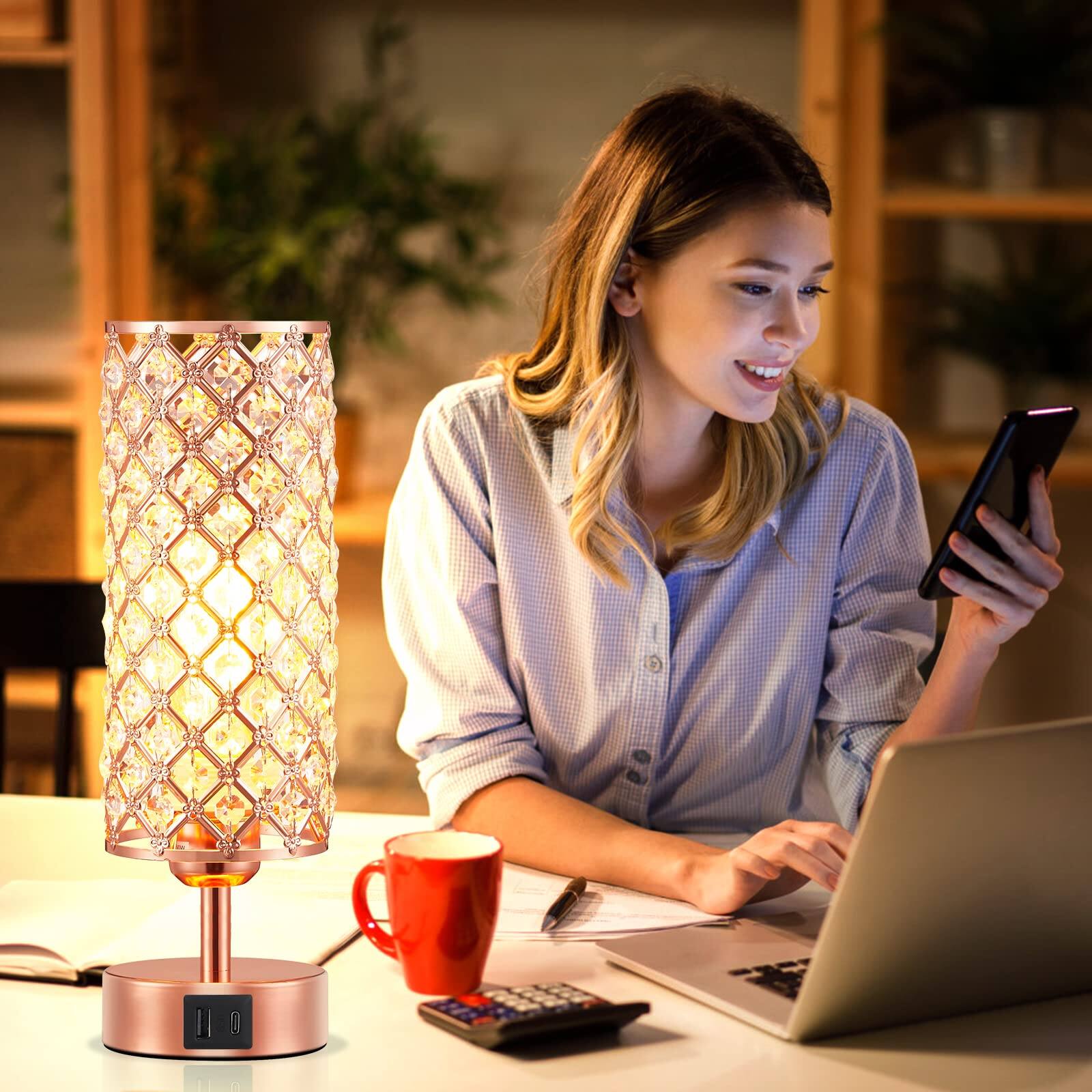 Alt View 5. Reds Spade - Hong Crystal Table Lamp Way Dimmable Touch Control Rose Gold Bedside Lamp USB Ports Nightstand Light - Pink USB-C+A Ports.