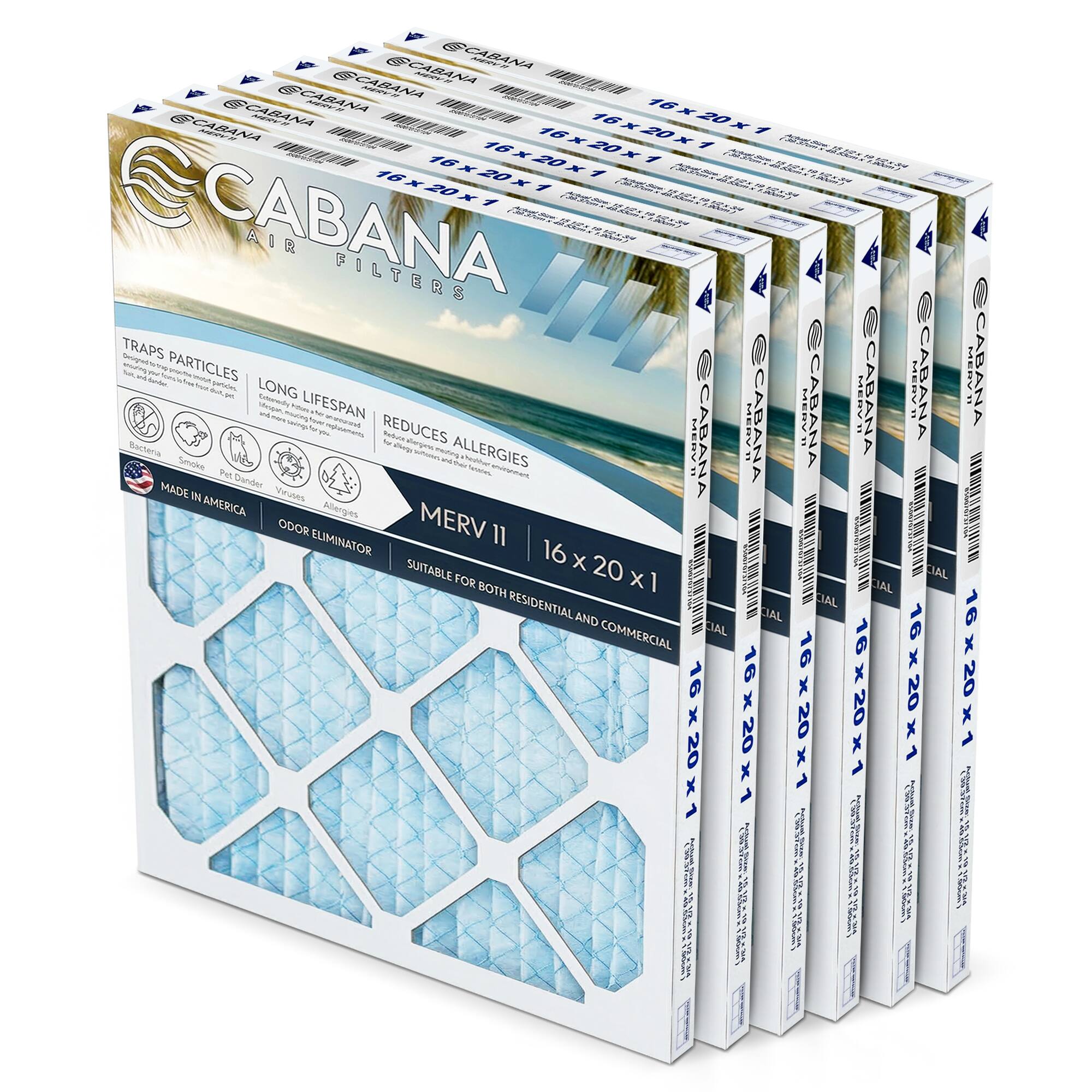 Cabana Air Filters - 6 Pack HVAC Furnace Air Filters, MERV 11, 16 x 20 x 1 - White