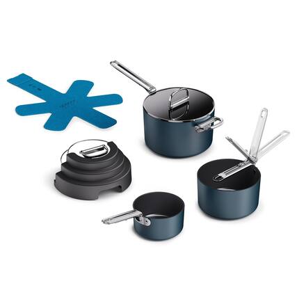 Front. Joseph Joseph - Space Ceramic Non-stick 6-piece Saucepan Set with Stacking Lid Storage - Blue.