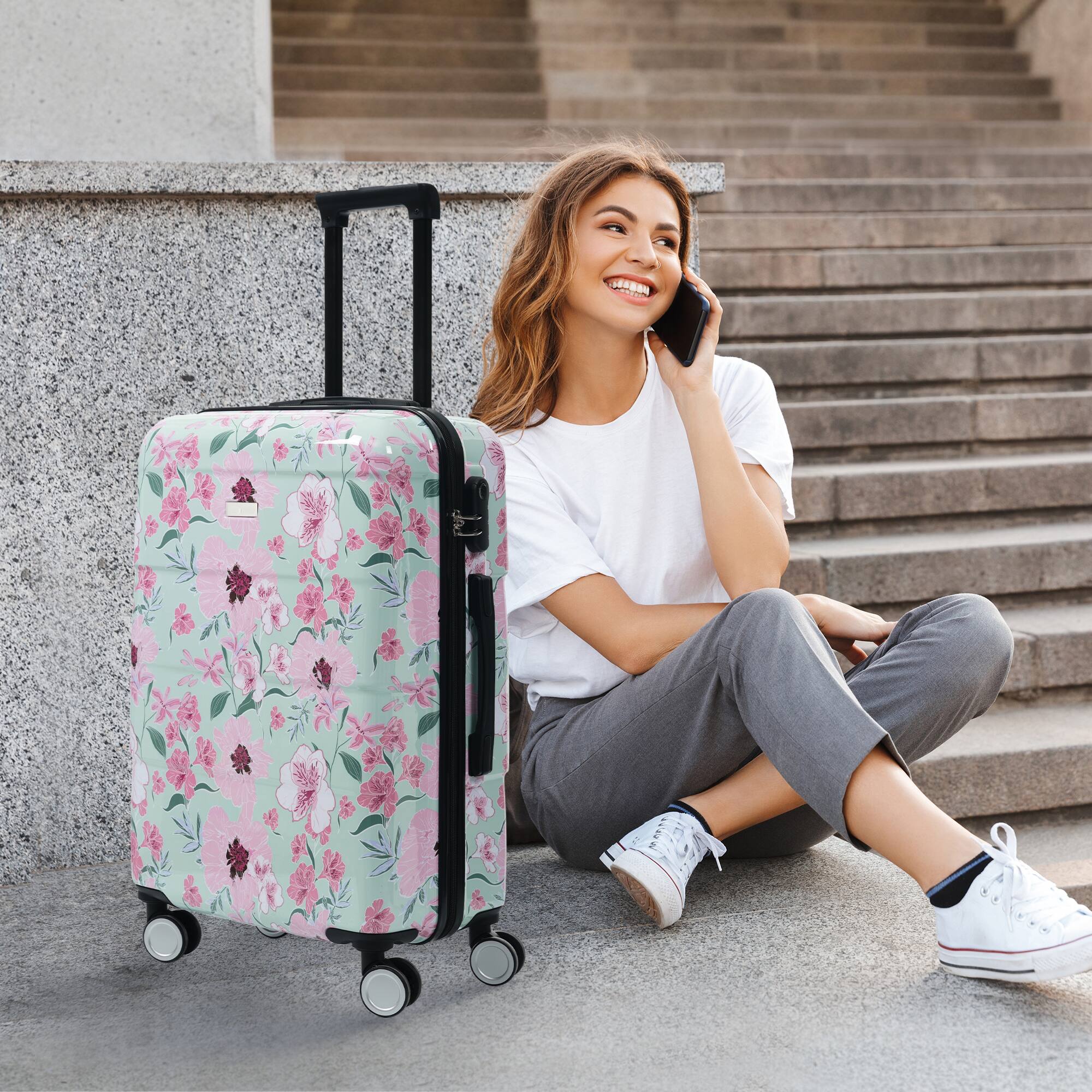 Alt View 8. Ecooso - 5-Piece PC Hard Shell Luggage Set with Password Lock, 8" Case, 14" Cosmetic Case, 20/24/28 Inch - Green & Pink Flower.