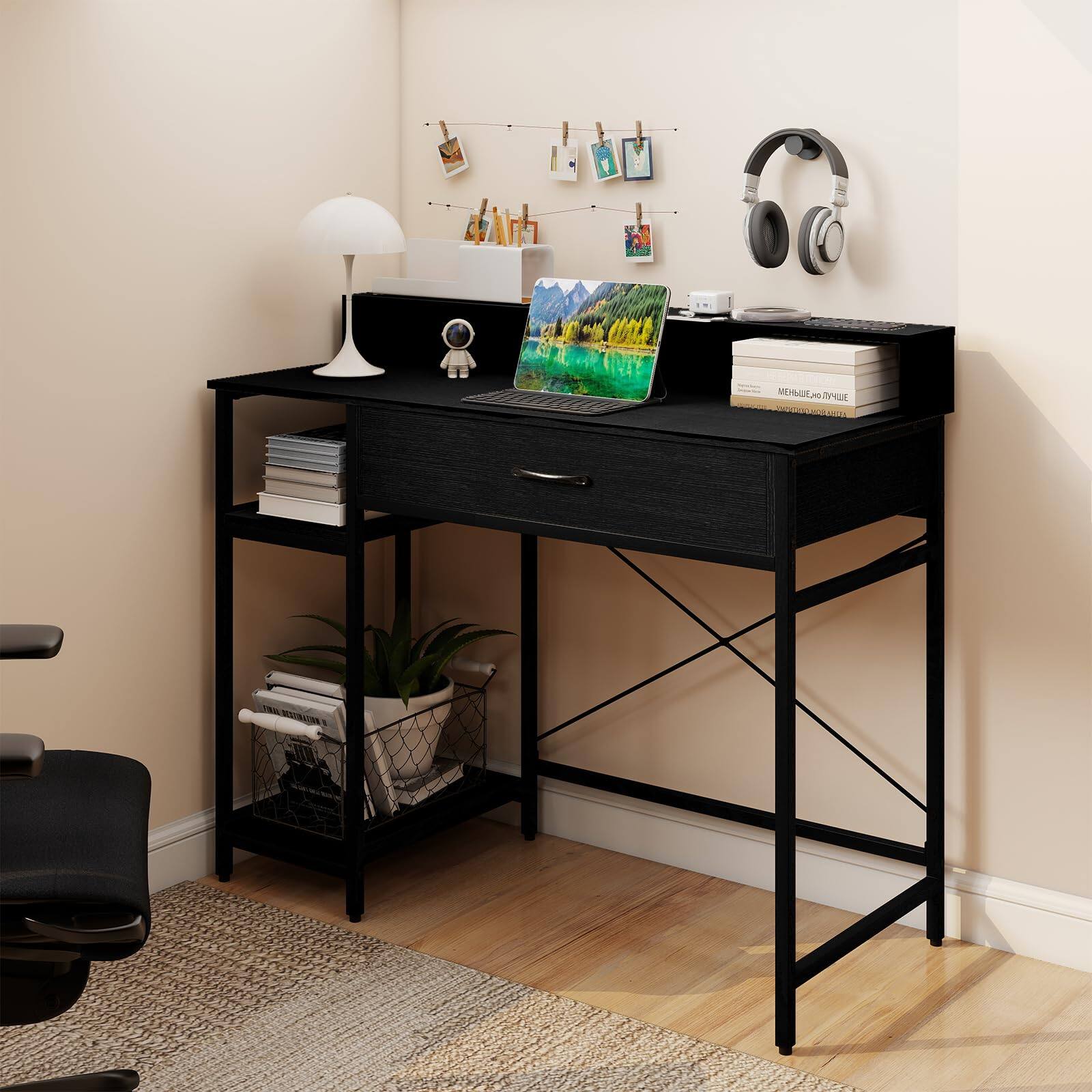 Alt View 8. Ecooso - 48" Computer Desk with Monitor Stand, Drawer and Shelves, Home Office Workstation - Rustic Brown + Black.