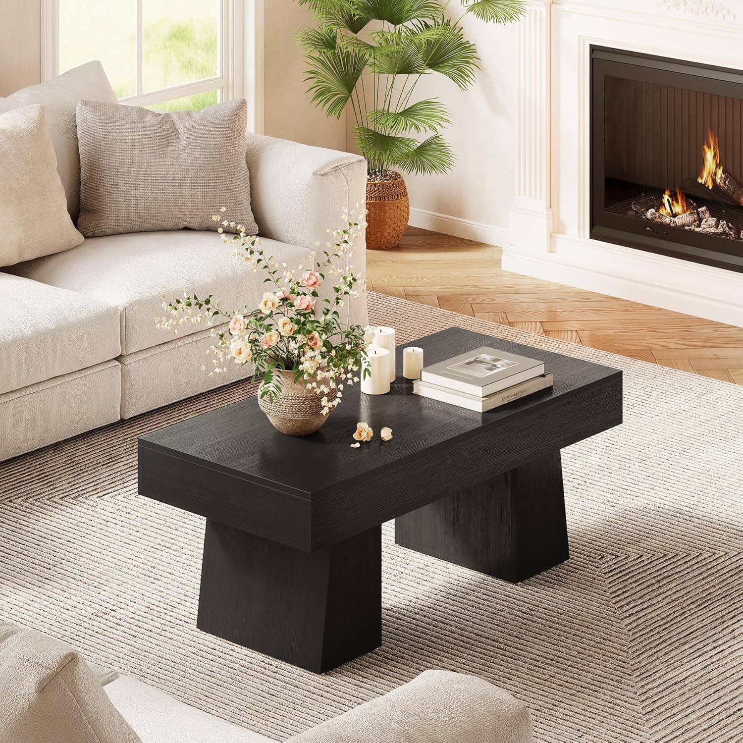 Back. Tribesigns - Coffee Table with Engineered Wood Construction, Adjustable Feet and Rectangular Top for Living Room - Black.