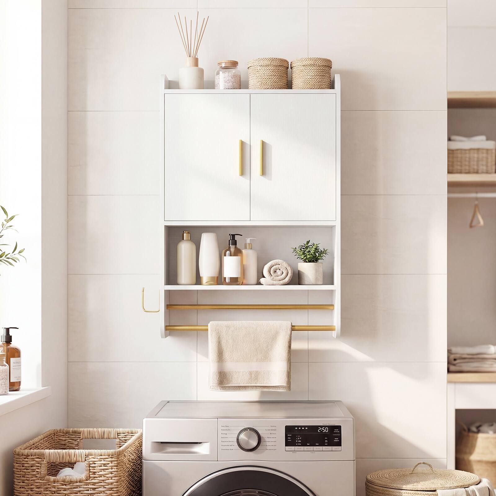 Alt View 5. Costway - Costway Bathroom Wall Cabinet with Towel Bars & Toilet Paper Holder for Laundry Room - White.