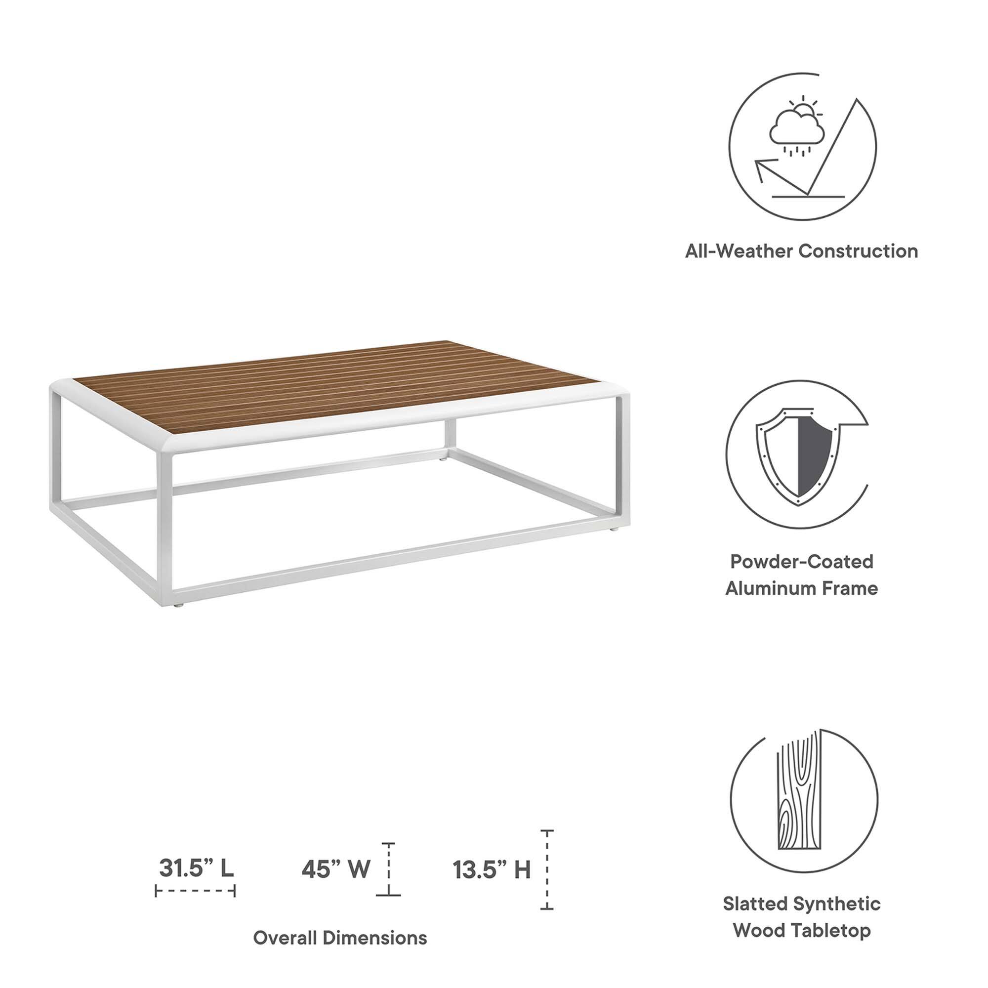 All-Weather Construction  
Powder-Coated Aluminum Frame  
Slatted Synthetic Wood Tabletop  

Overall Dimensions:  
31.5" L x 45" W x 13.5" H