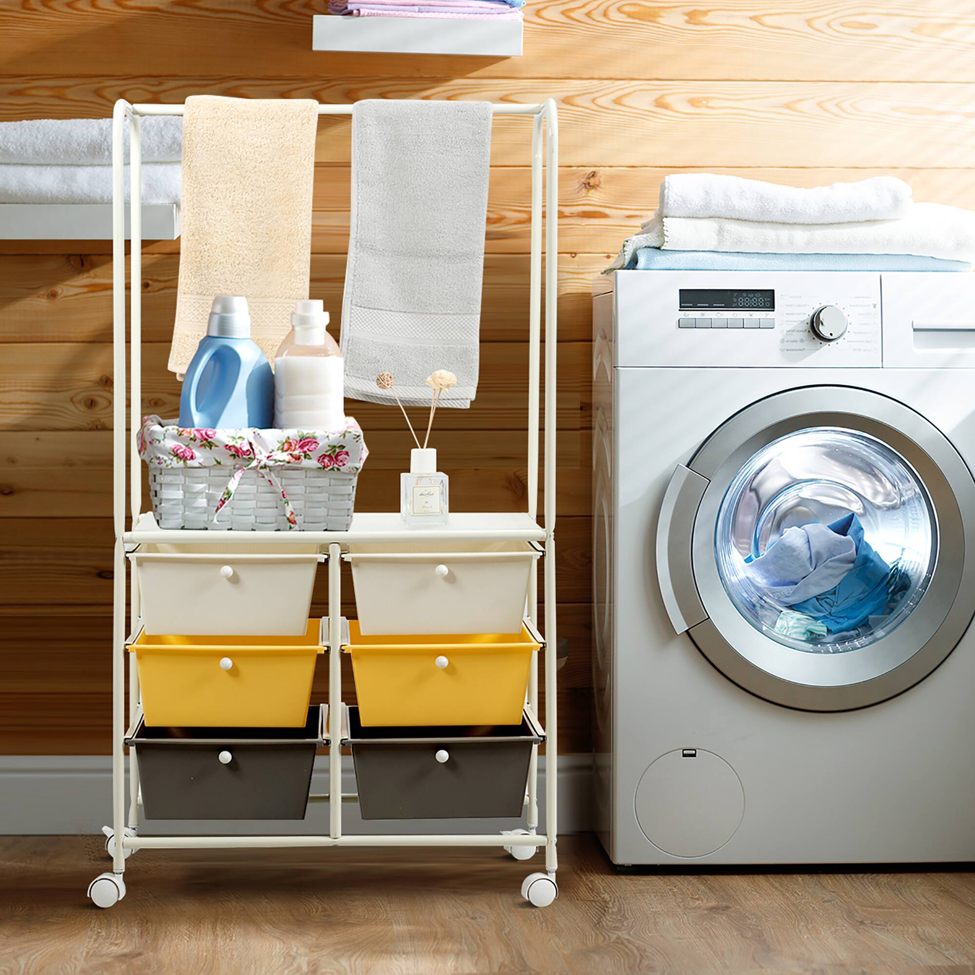 Alt View 5. Costway - 6 Drawer Rolling Storage Cart w/Hanging Bar Office School Organizer - Multicolor.