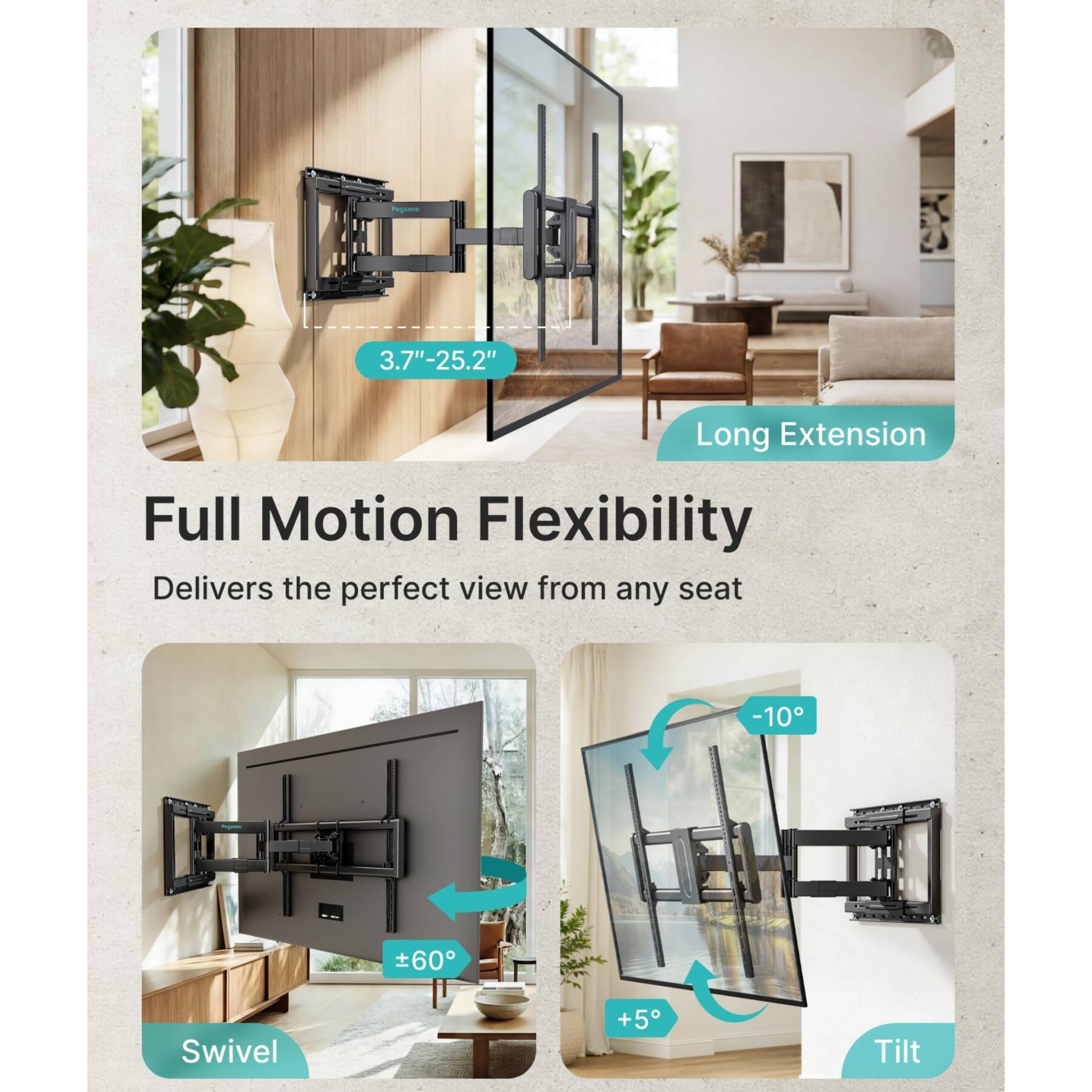 Dazzed Corner Full Motion TV Wall Mount for 43–100 in. TVs, 25.2 in ...