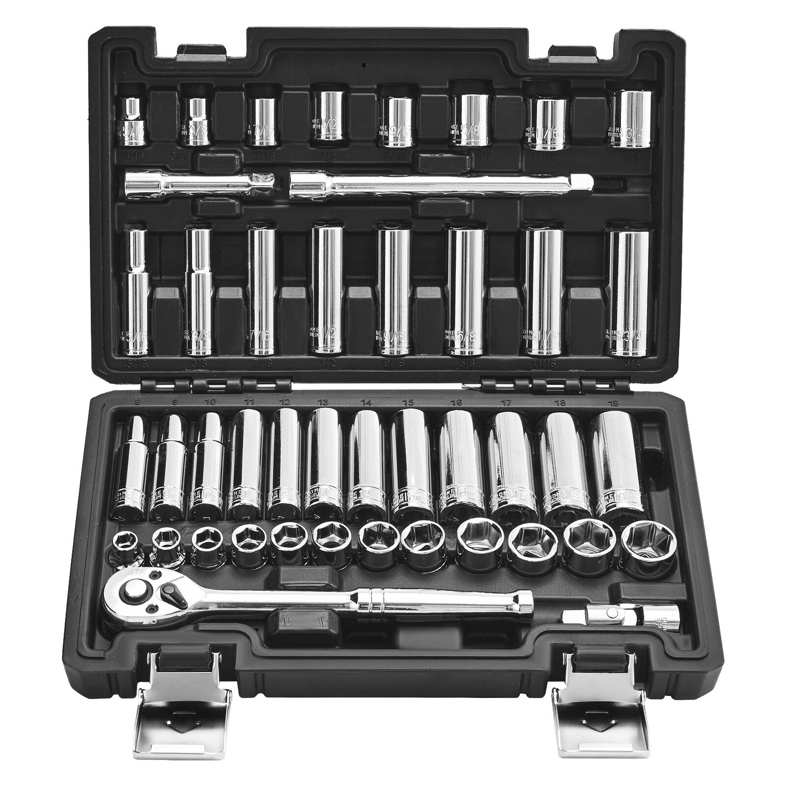 VEVOR - Socket Set, 44 Pieces, 3/8 inch Drive Socket and Ratchet Set, SAE and Metric, Deep and Shallow, Mechanic Tool Kit - Black+Sliver