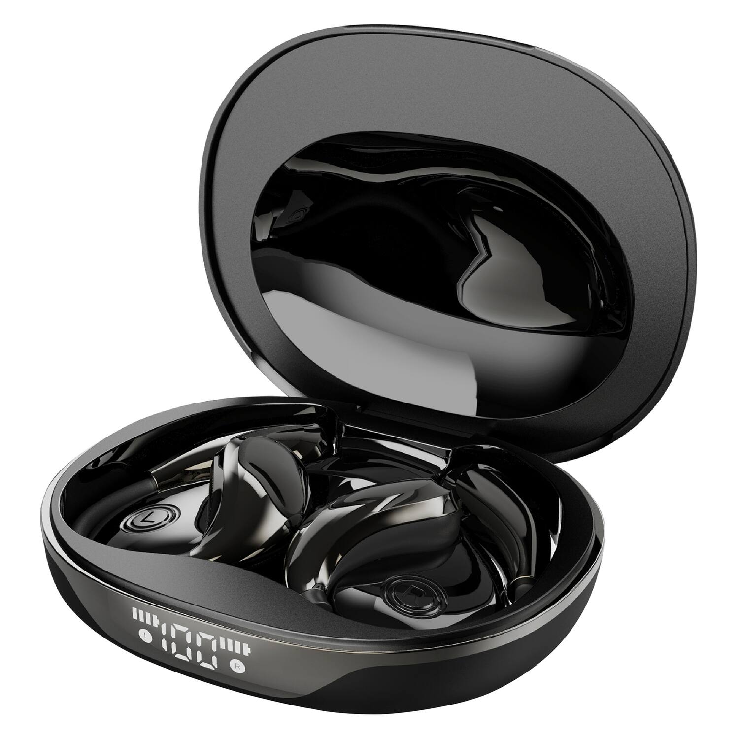 Alt View 4. RCA - WAVE-88 AI Translator TWS Bluetooth Open-Ear Earbuds, Mics, On-Ear Controls, Charging Case with Screen, 6 Hr Play Time - Black.