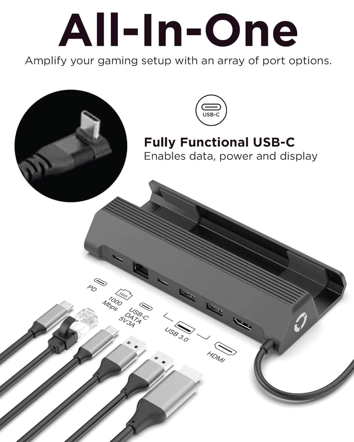 All-In-One
Amplify your gaming setup with an array of port options.
USB-C
Fully Functional USB-C
Enables data, power and display
PD 1000 Mbps
DATA USB-C 5V3A
USB 3.0
HDMI