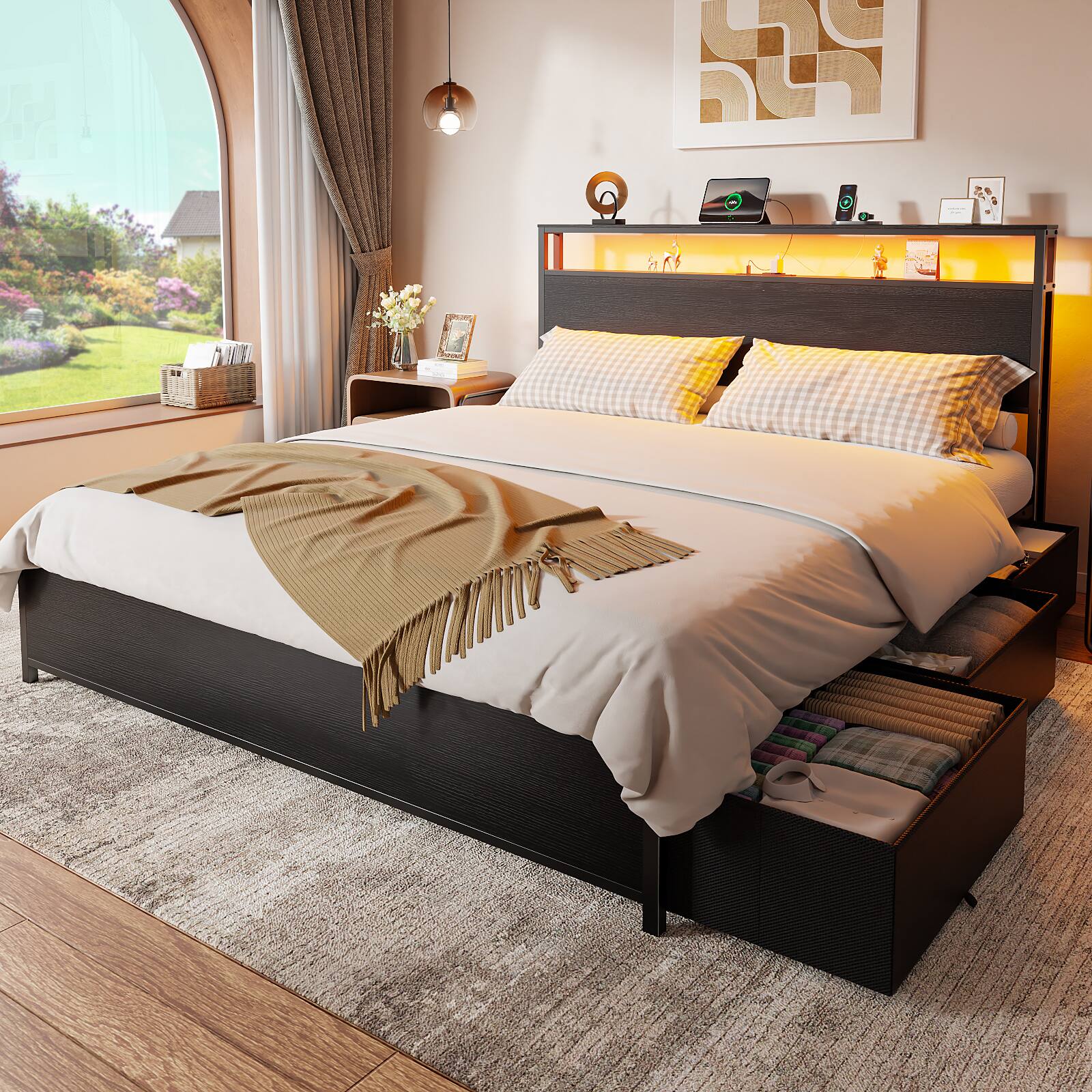 Alt View 1. Furnulem - Bed Frame with 6 Drawers and Open Storage Headboard Adjustable LED Light and Charging Station No Box Spring Needed - Black.