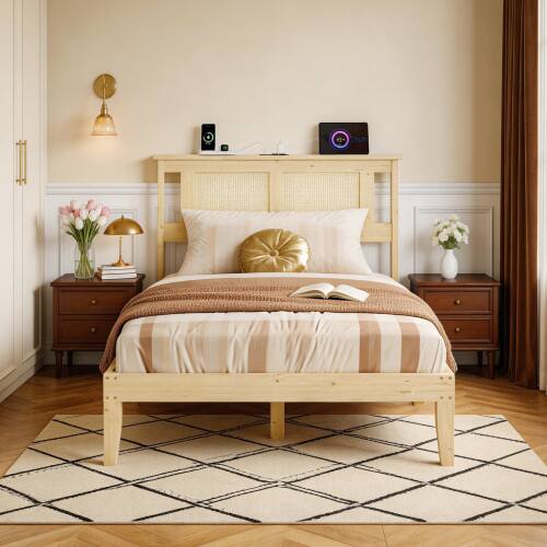 Alt View 8. Winado - Rattan Bed Frame with Rattan Headboard Boho Wooden Platform Bed with Charging Station and Underbed Storage for Bedroom - Natural, Twin Size.