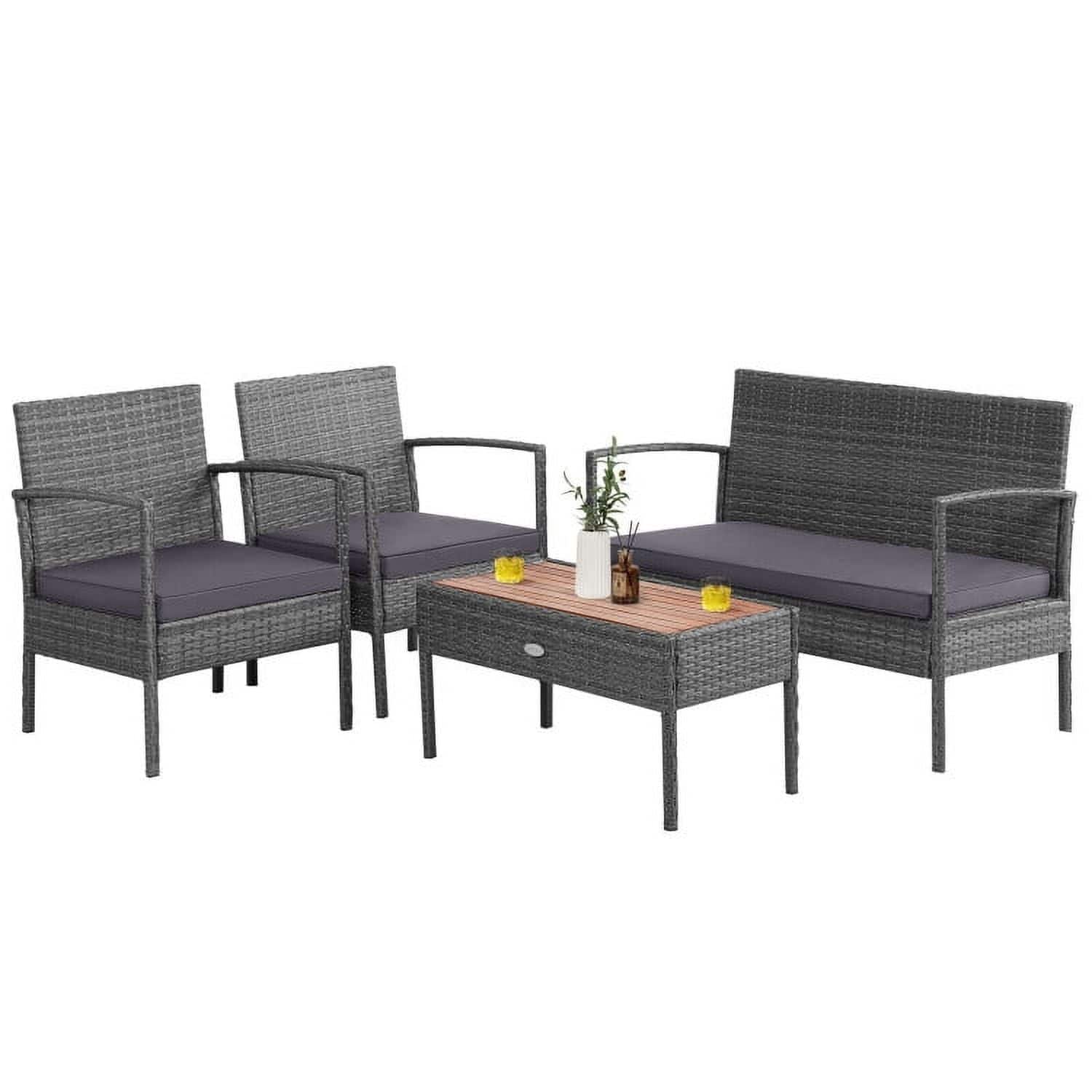 Kadyn - 4 Pieces Patio Rattan Cushioned Furniture Set, Outdoor Furniture Garden Conversation Sets with Wooden Tabletop - Gray