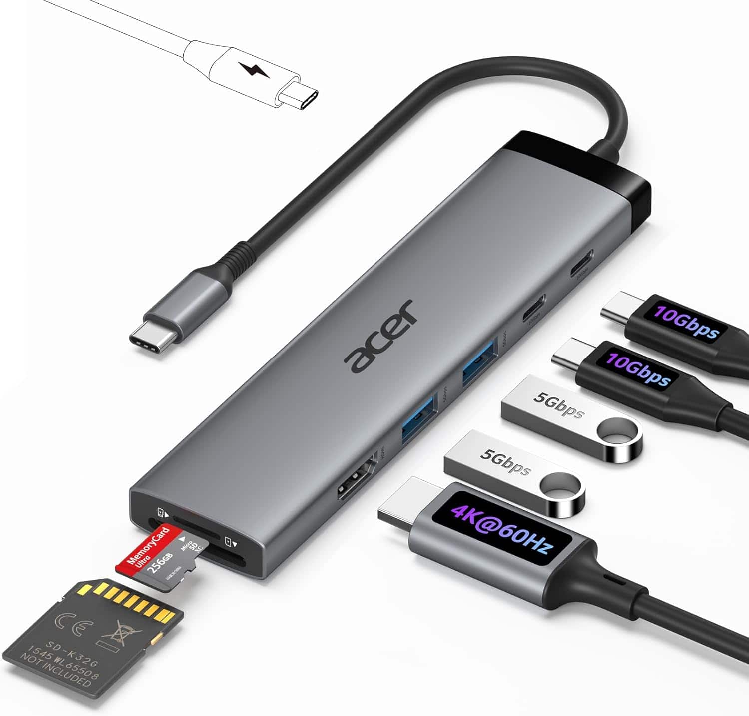 Acer - 8 in 1 USB C Hub 10Gbps, USBC to HDMI Adapter 4K@60Hz, 2×USB-C 3.2, 2×USB A 3.0 Data Transfer,