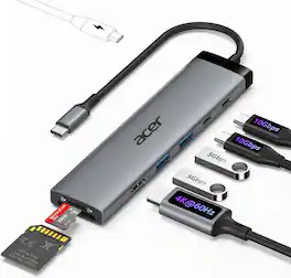 Acer - 8 in 1 USB C Hub 10Gbps, USBC to HDMI Adapter 4K@60Hz, 2×USB-C 3.2, 2×USB A 3.0 Data Transfer,