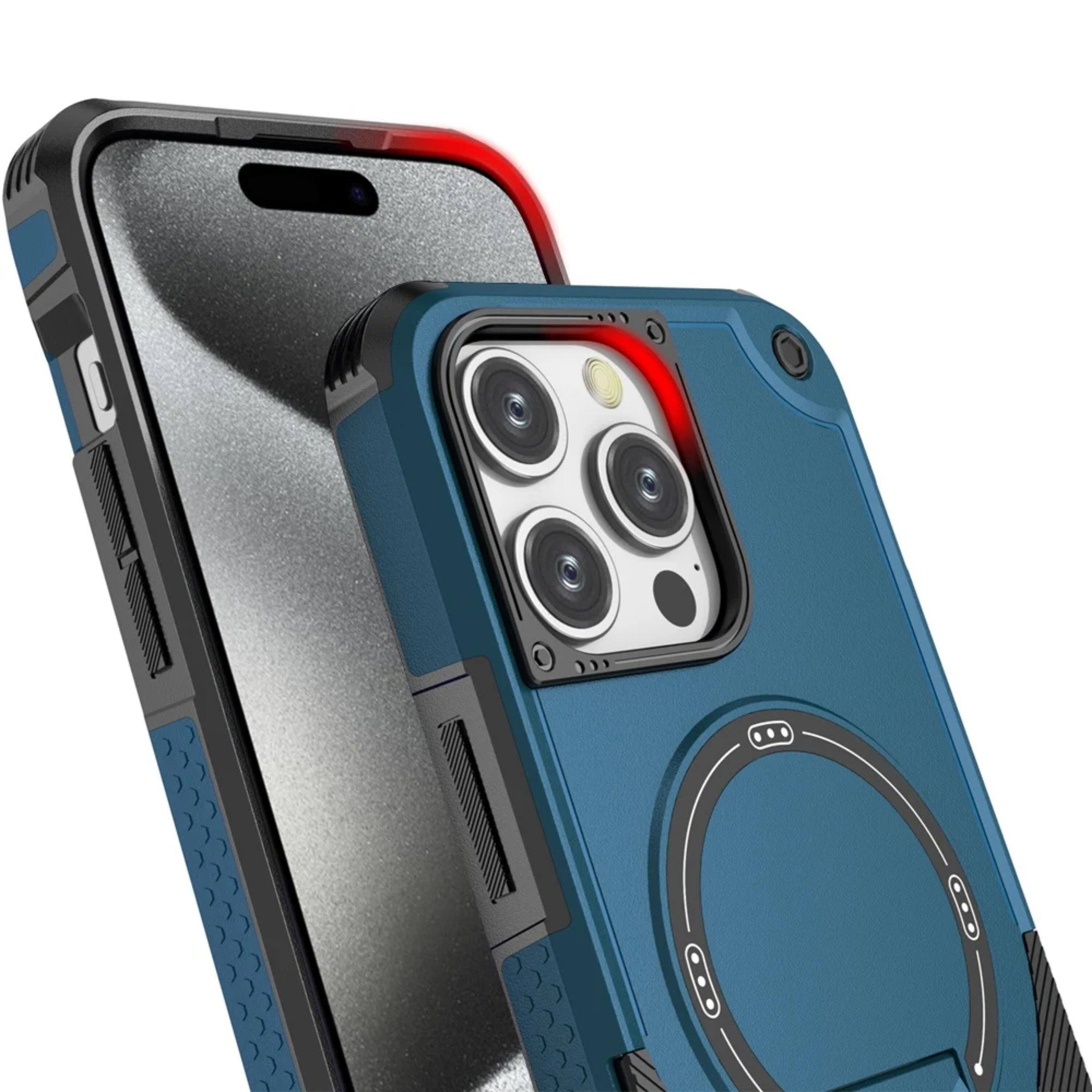 Left. Kitcheniva - Rugged Magnetic Grip Stand Case With Tempered Glass For iPhone 15 Pro Max Blue - Blue.