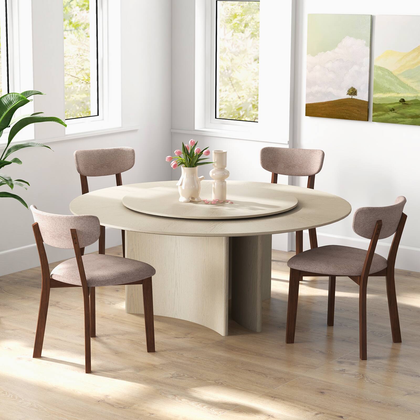 Alt View 4. Costway - Costway Upholstered Dining Chairs Set of 4 with Solid Rubber Wood Frame, Curved Backrest - Brown.