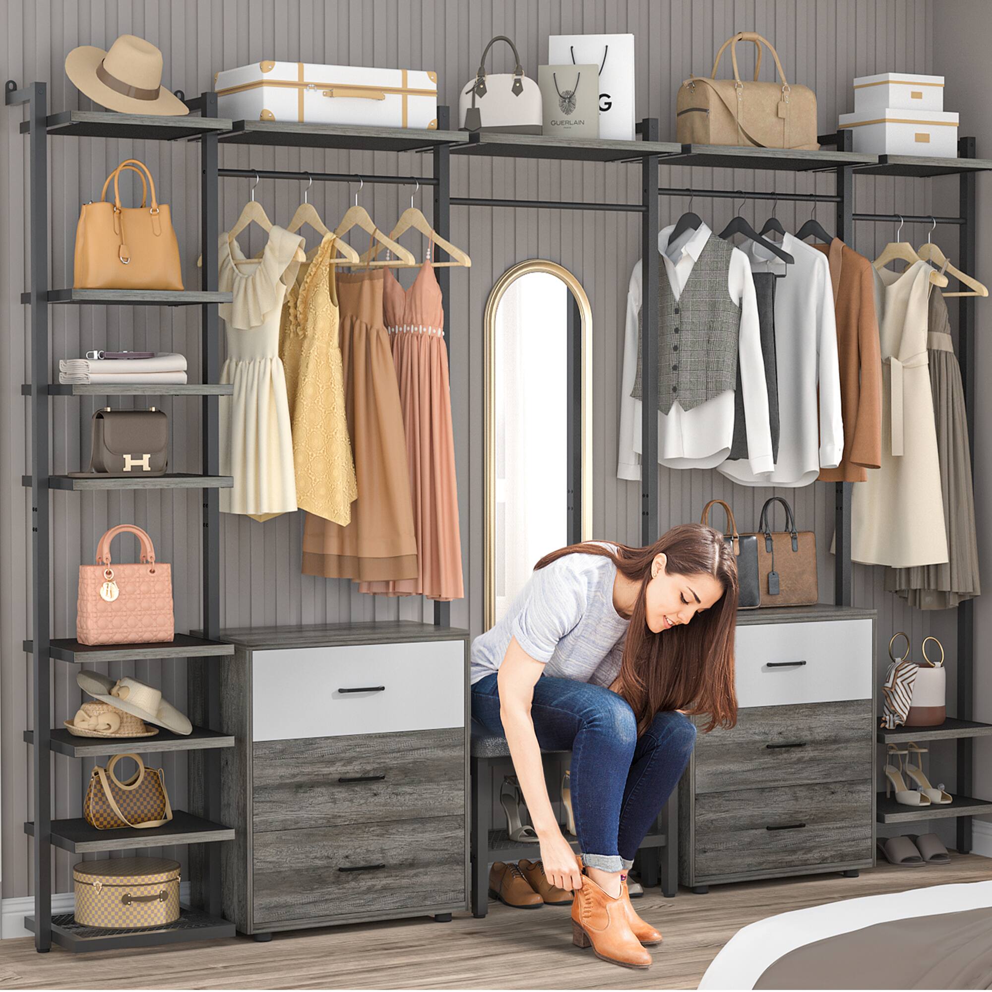 Alt View 2. Aheaplus - 8FT Wood Closet Organizer with 6 Drawers and Hanging Rack for Bedroom Storage - Black Oak.