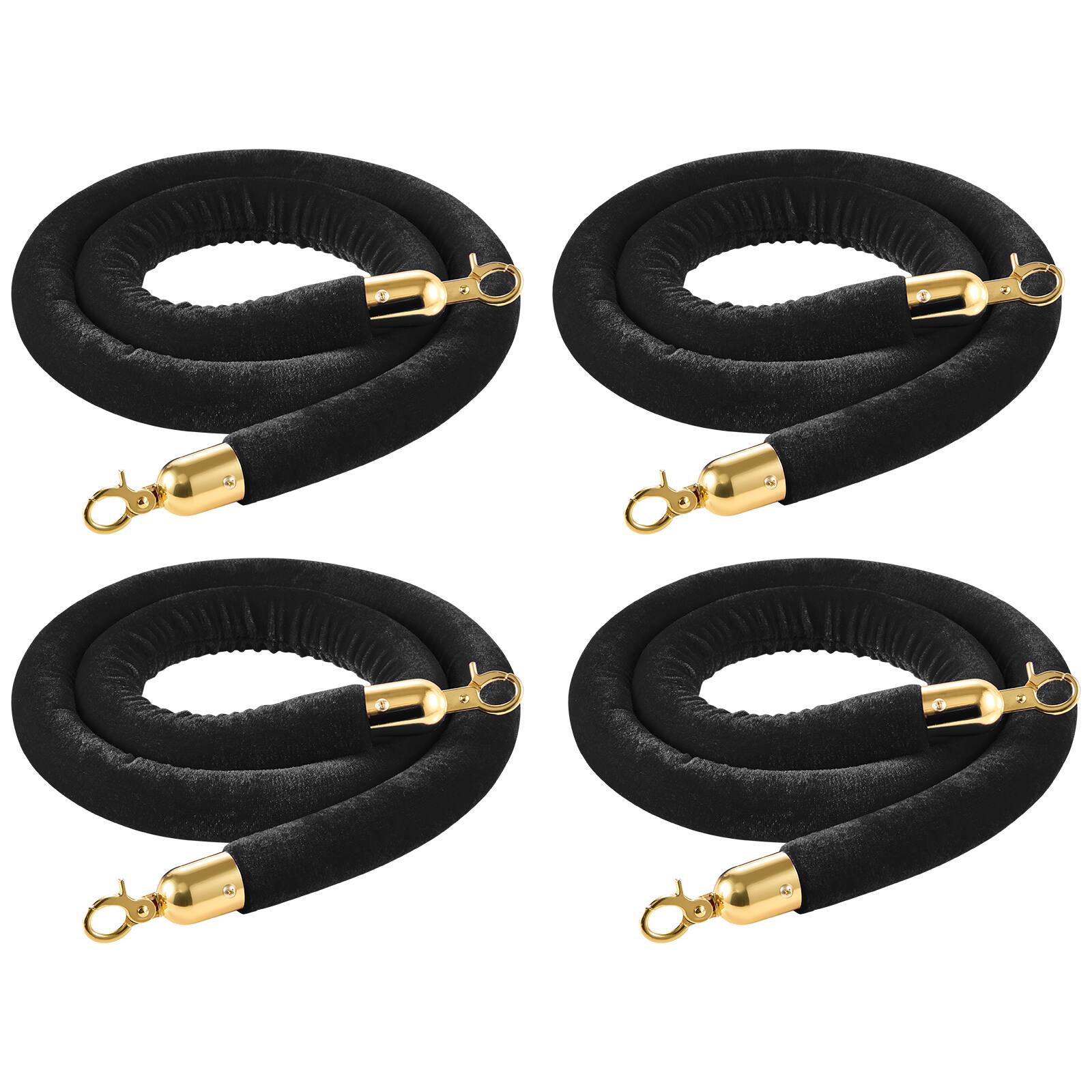 Front. VEVOR - 4 Pcs Black Velvet Stanchion Ropes, 5 ft Crowd Control Stanchion Black Velvet Ropes with Gold Hooks, Post Queue Barrier - Golden black.
