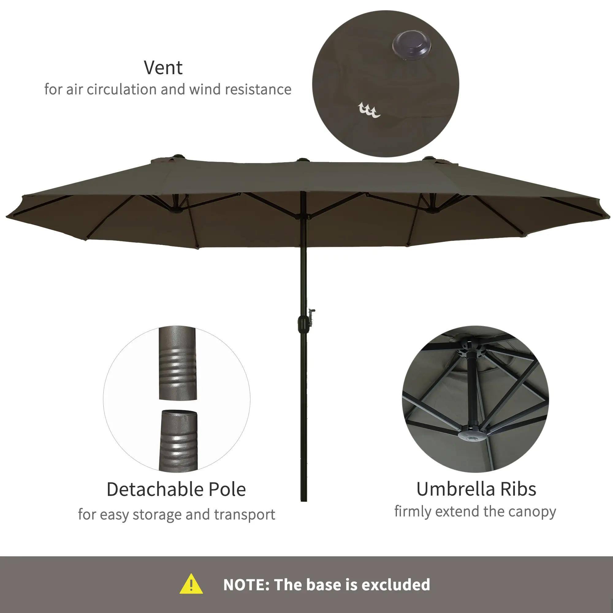 Vent  
for air circulation and wind resistance  

Detachable Pole  
for easy storage and transport  

Umbrella Ribs  
firmly extend the canopy  

NOTE: The base is excluded