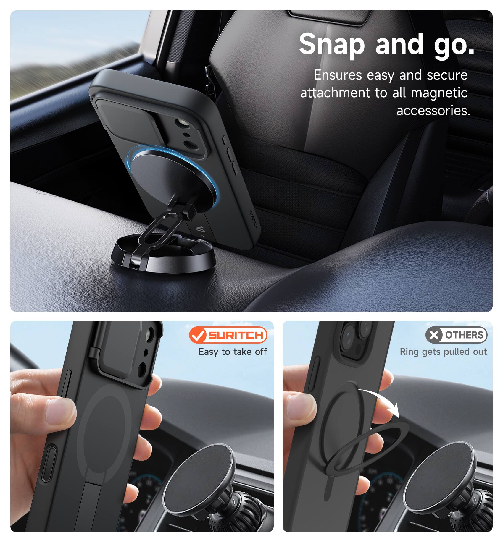 Snap and go.  
Ensures easy and secure attachment to all magnetic accessories.  

SURITCH  
Easy to take off  

OTHERS  
Ring gets pulled out