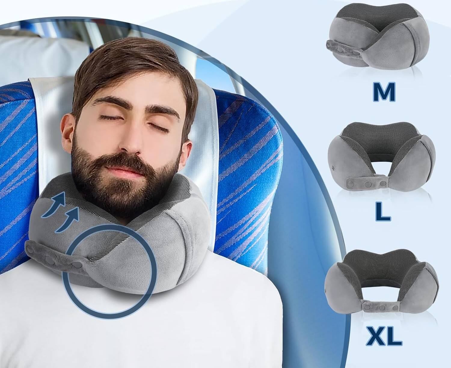 Alt View 4. FINEAK - Adjustable Memory Foam Travel Neck Pillow for Ultimate Flight Comfort-Grey - Grey.