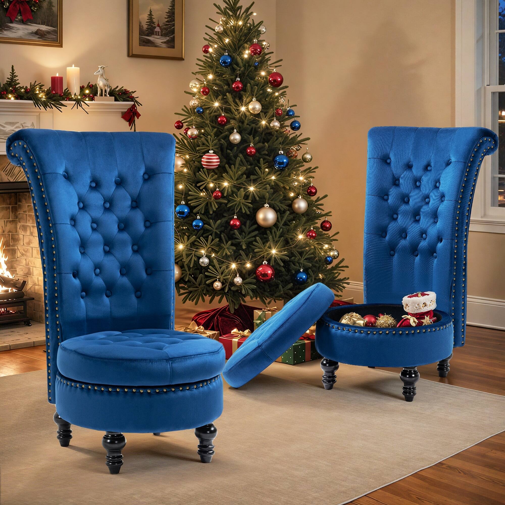Angle. U-HOMY - Velvet High-Back Storage Chair – Armless Accent, 330 lbs, Perfect for Living Room or Bedroom - Blue.