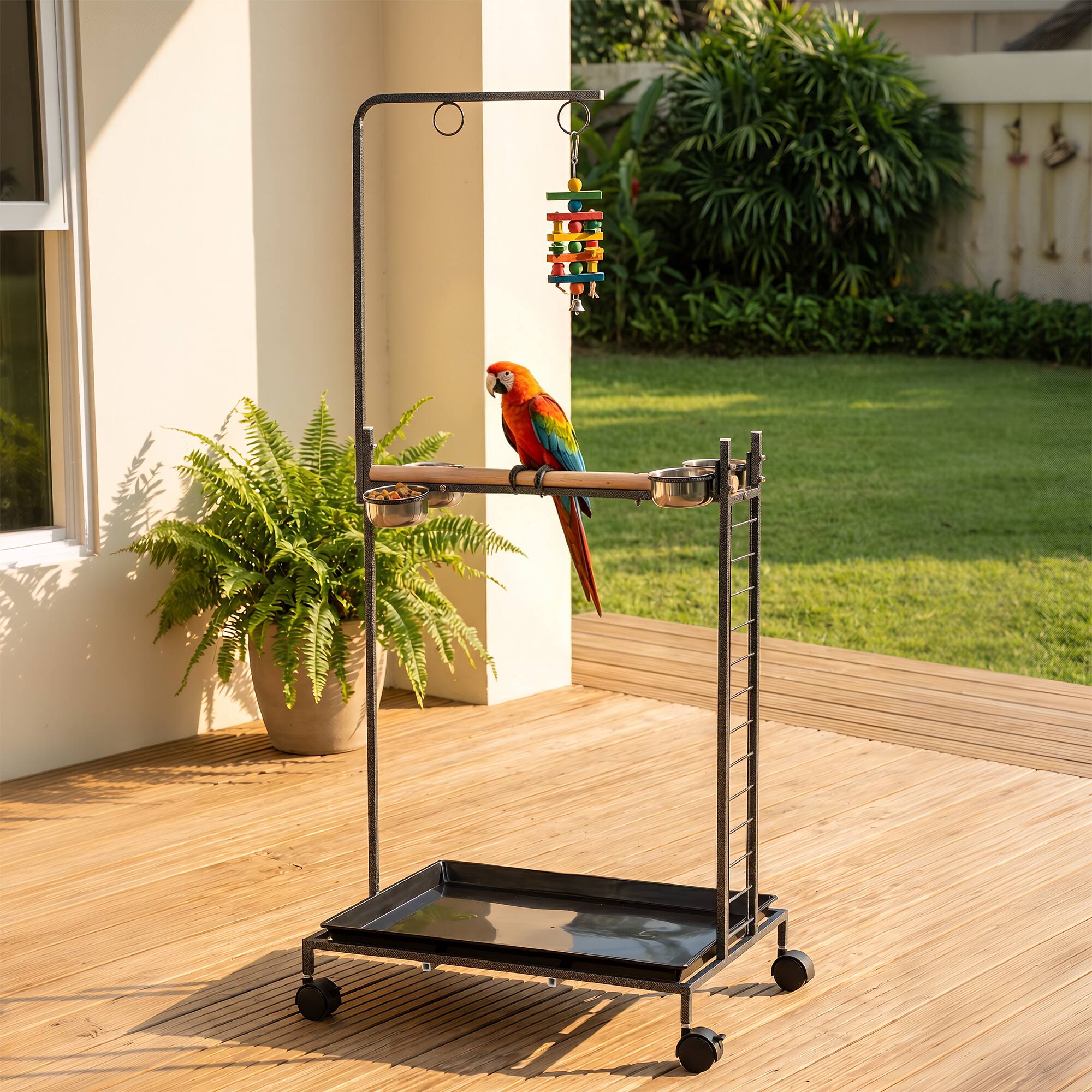 Alt View 7. Pawhut - Stand with Wheels Parrot Stand with Slide-out Tray Stainless Steel Bowls for Indoor Outdoor Dark - Dark Gray.