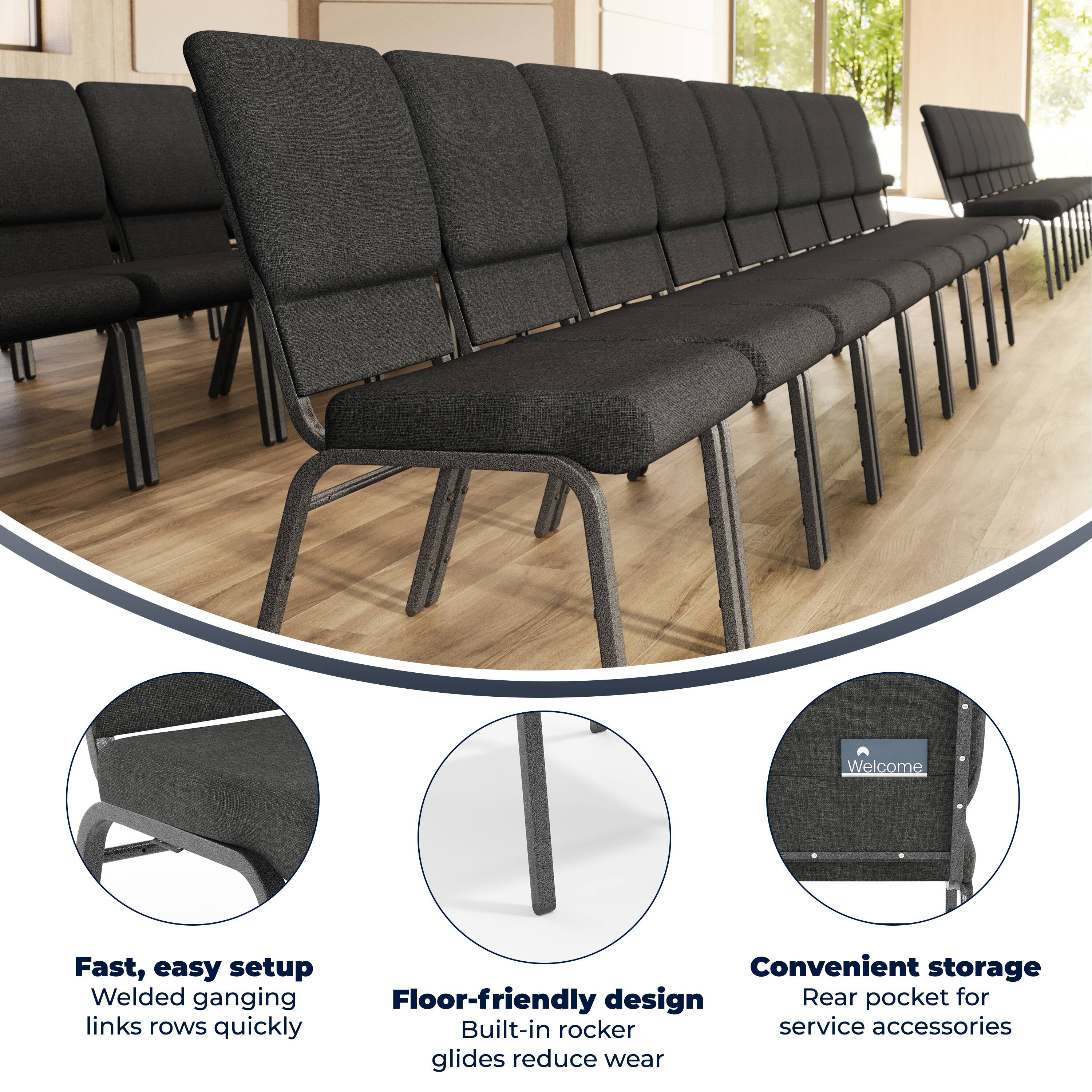 Fast, easy setup  
Welded ganging links rows quickly  

Convenient storage  
Rear pocket for service accessories  

Floor-friendly design  
Built-in rocker glides reduce wear