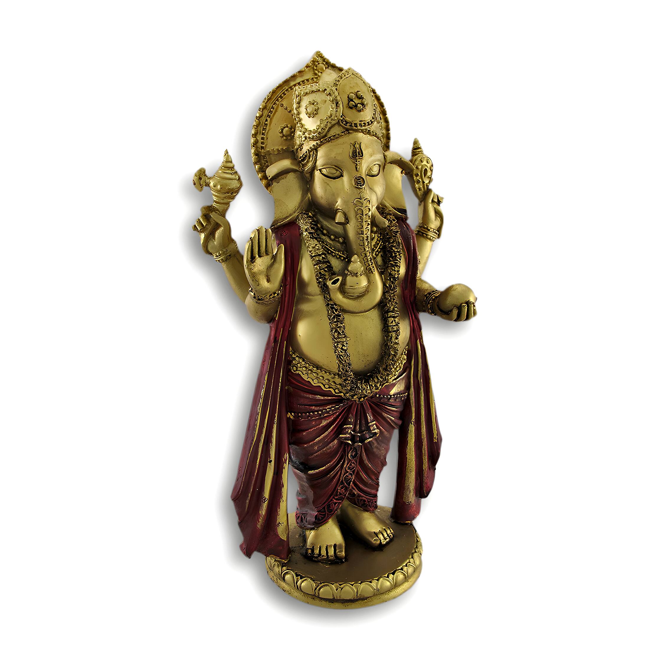 Front. Zeckos - Golden Ganesha Standing Hindu God Statue - Gold.