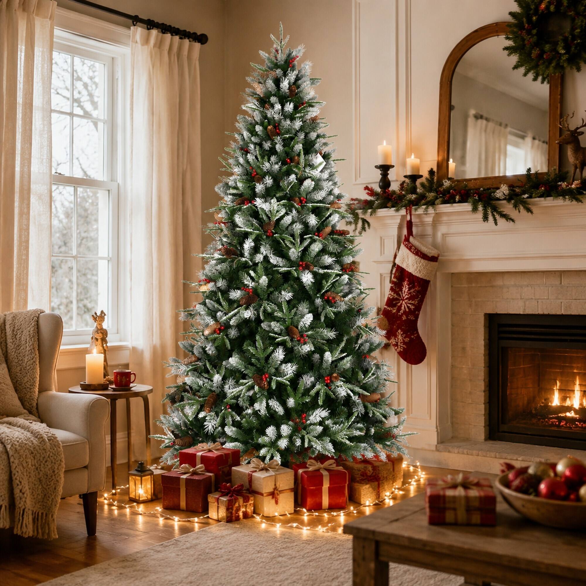 Angle. RYHNUYNE - 7.5FT Christmas Tree With Red Berries Pine Cones, 2514 Snow-Dusted PE+PVC Branches Hinged Design Sturdy Metal Stand - Green,White.