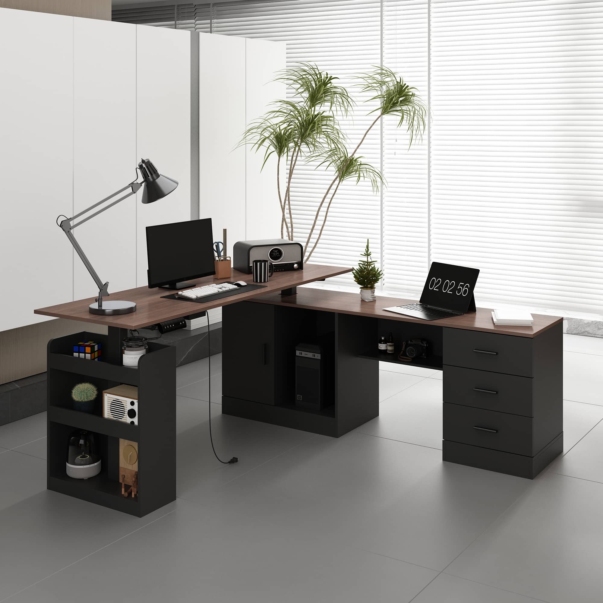 Front. FUFU&GAGA - FUFU&GAGA L - Shaped Electric Standing Desk - Adjustable Height, Home & Office Workstation - Brown & Black.