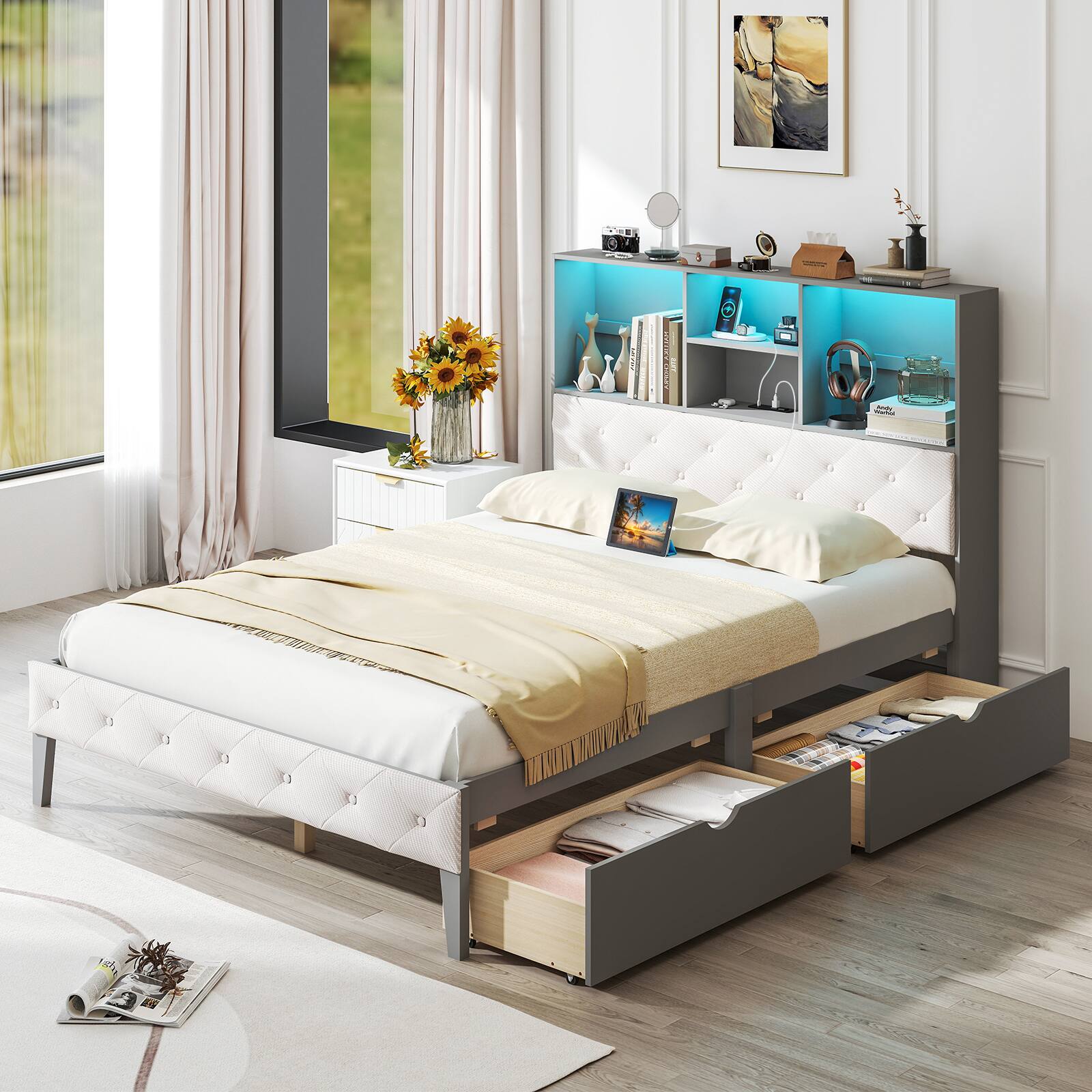 Alt View 6. LUCKY ONE - Full Assembled Platform Bed Frame with Bookcase Headboard LED Lights Charging Station Drawers - Gray.