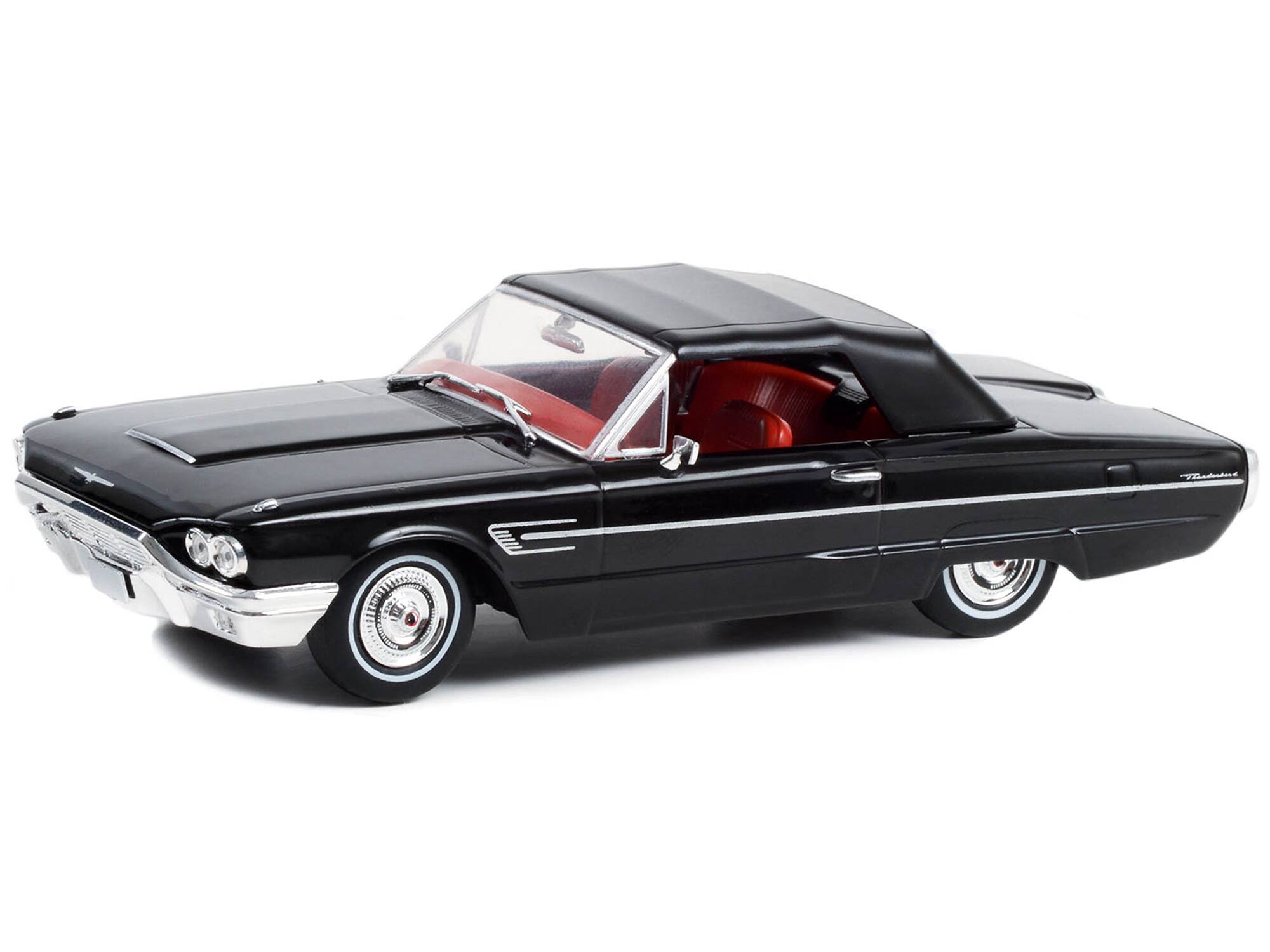 Left. Greenlight - 1965 Ford Thunderbird Convertible (Top-Up) Raven Black with Red Interior 1/43 Diecast Model Car by Greenlight - Black and  Red.