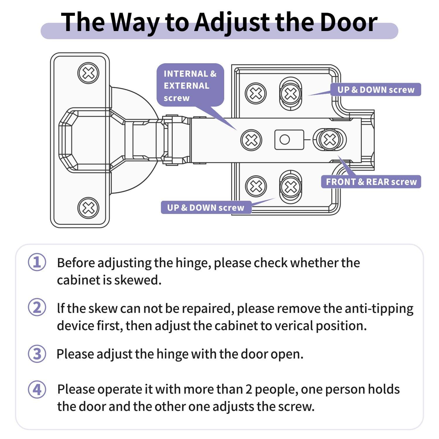 The Way to Adjust the Door

1. Before adjusting the hinge, please check whether the cabinet is skewed.
2. If the skew cannot be repaired, please remove the anti-tipping device first, then adjust the cabinet to vertical position.
3. Please adjust the hinge with the door open.
4. Please operate it with more than 2 people, one person holds the door and the other one adjusts the screw.

- INTERNAL & EXTERNAL screw
- UP & DOWN screw
- FRONT & REAR screw