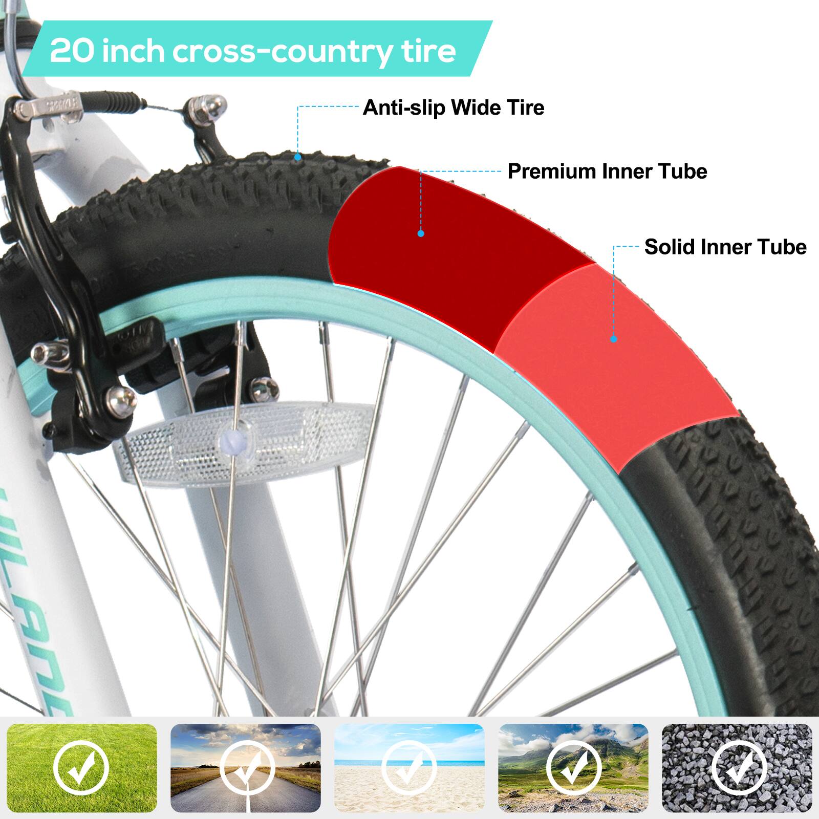 20 inch cross-country tire

- Anti-slip Wide Tire
- Premium Inner Tube
- Solid Inner Tube
