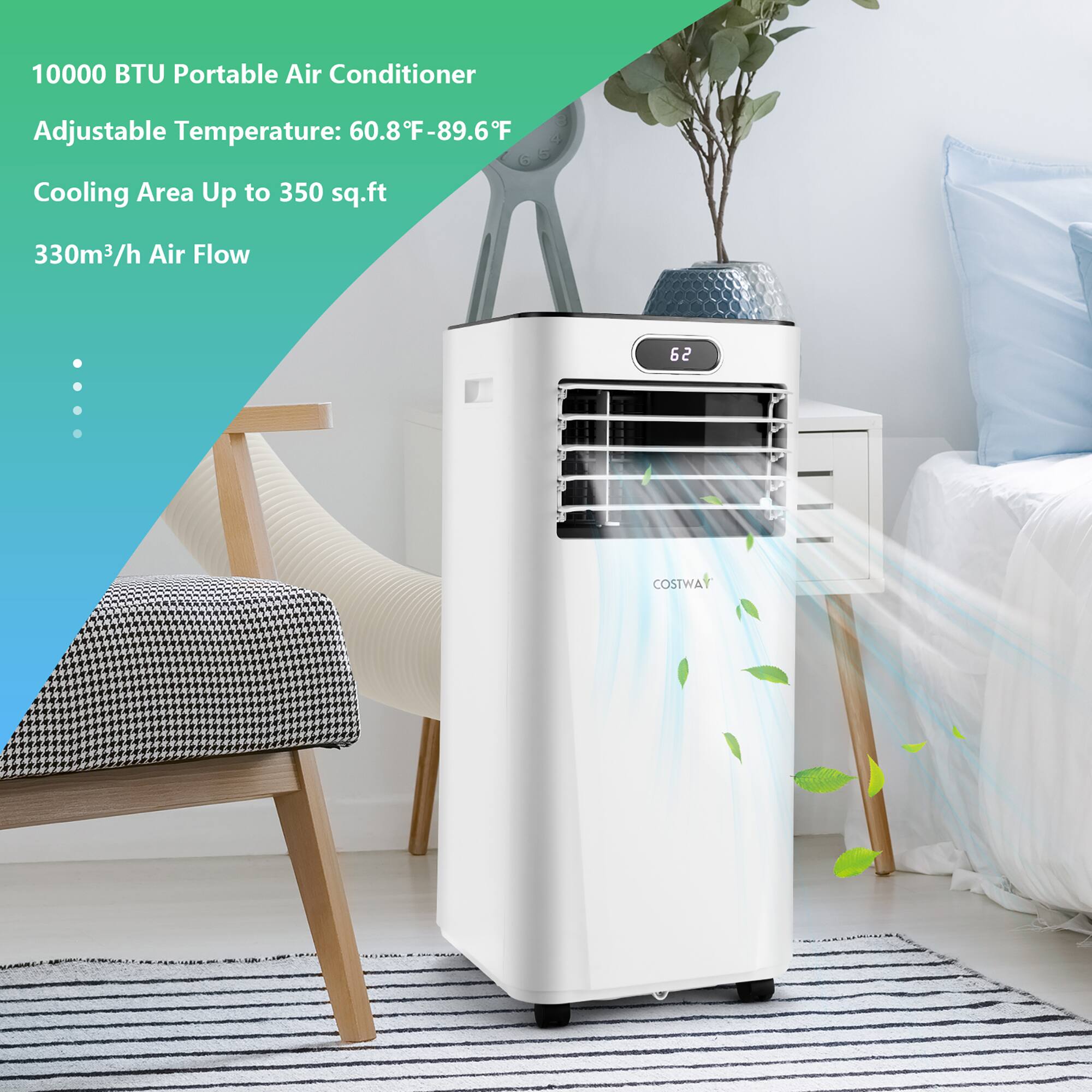 10000 BTU Portable Air Conditioner with Adjustable Temperature: 60.8F-89.6F, Cooling Area Up to 350 sq.ft, 330m3/h Air Flow.