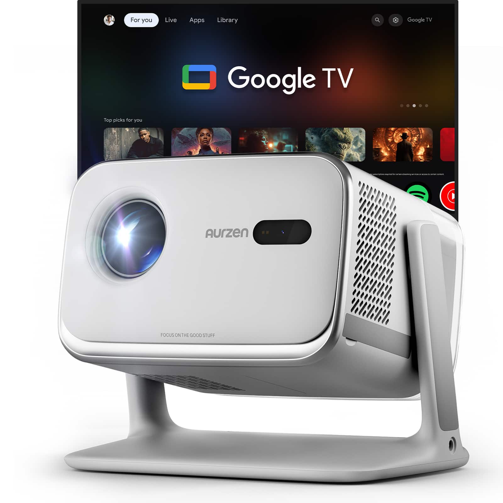 Aurzen - Smart Projector, Built-in Google TV, 20W Visible Speakers, DoIby Audio, TOF Auto Focus, 500 ANSI Lumens - Gray