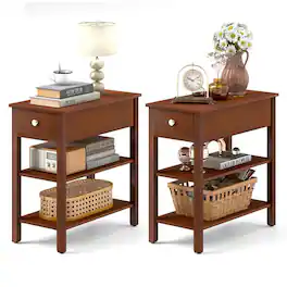 Kadyn - Sofa Side End Table, End Table, Couch Table,3-Tier Narrow End Table with Drawer and Storage Shelves Set of 2 - Brown