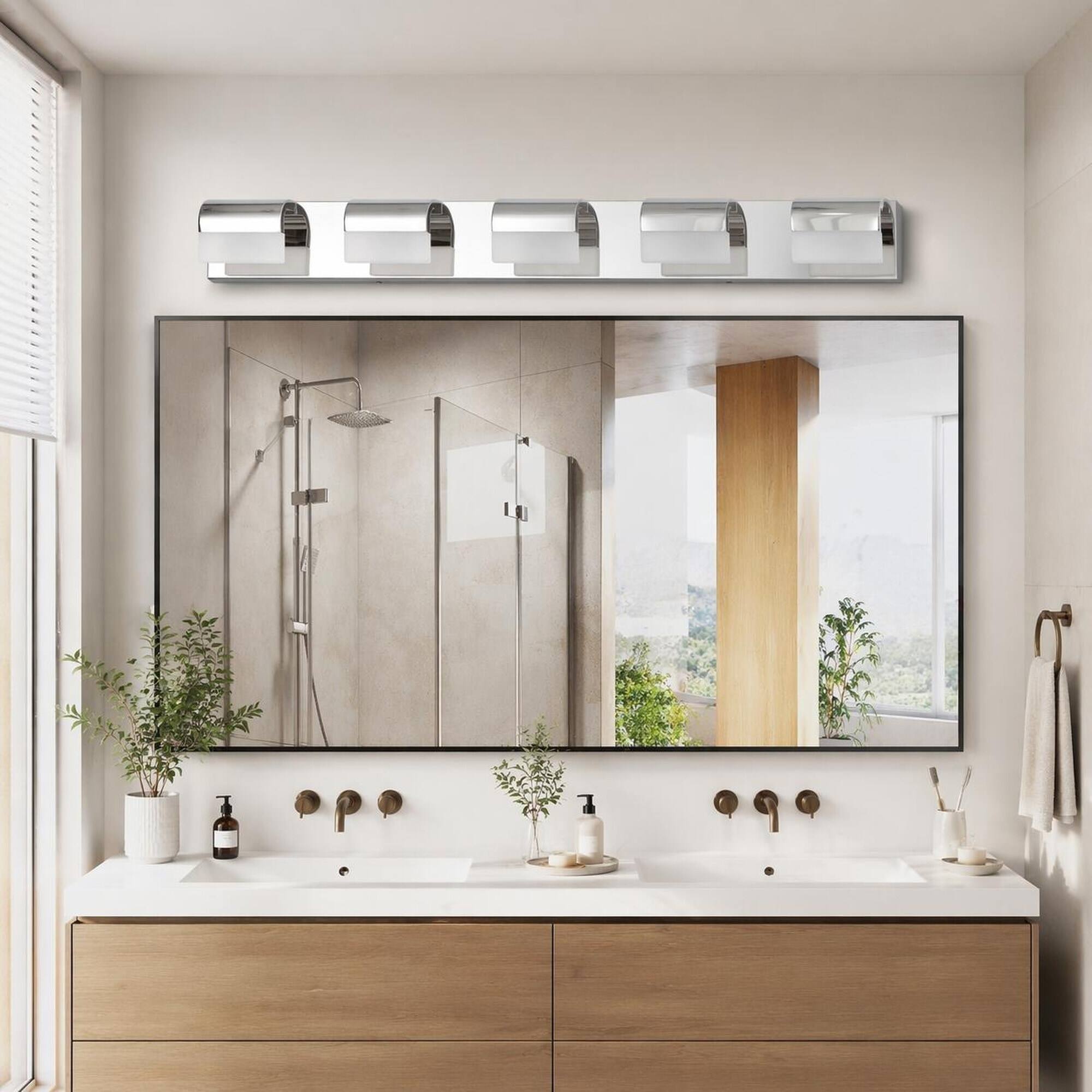 Angle. RYHNUYNE - 5‑Light Chrome LED Bathroom Vanity Light, Modern Acrylic Wall Mount Vanity Mirror Light for Bathroom - Chrome.
