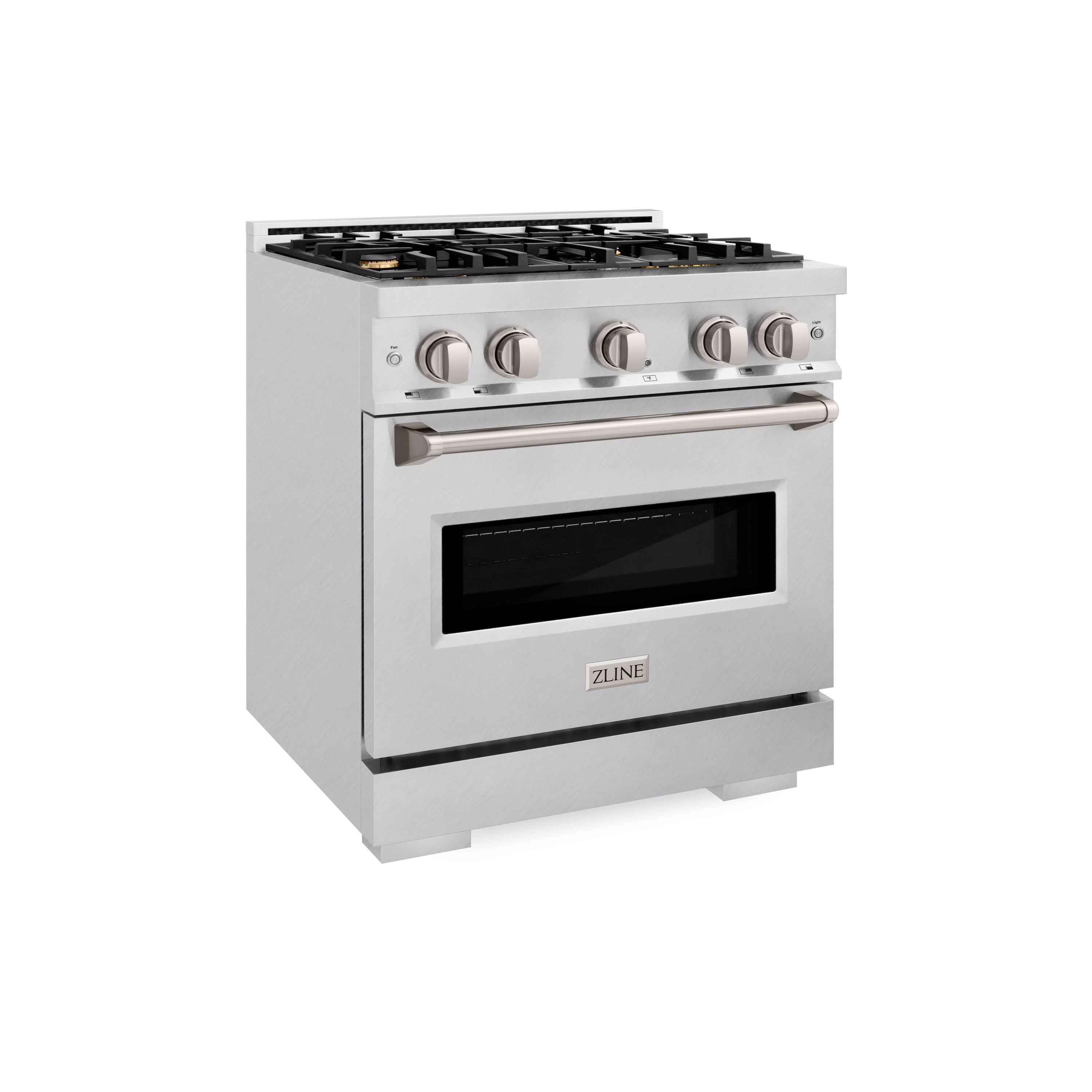 Angle. ZLINE - ZLINE 30 in. Classic Dual Fuel Satin Steel Range w/ 4 Brass Burners & Convection Oven (CDRS-BR-30) - Stainless Steel.