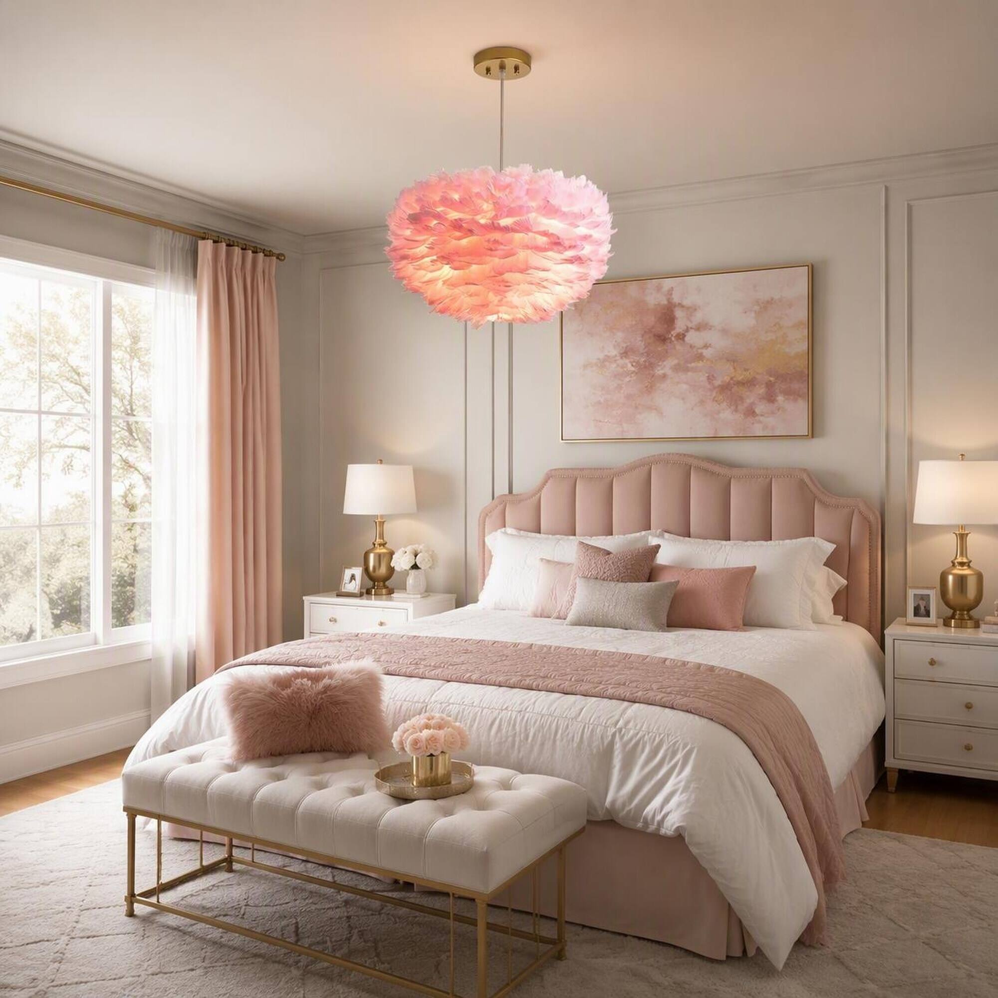 Angle. RYHNUYNE - 18In Pink 3-Light Feather Chandelier, Modern Fixture Real Goose Feathers Adjustable Hanging For Girls Bedroom - Pink.